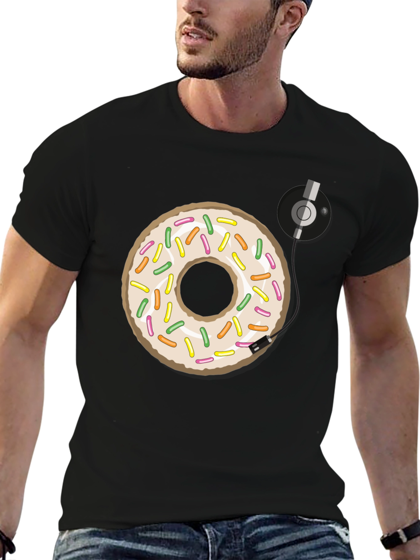 Black Donut Turntable Graphic Tee - Sweet & Groovy Style view 6