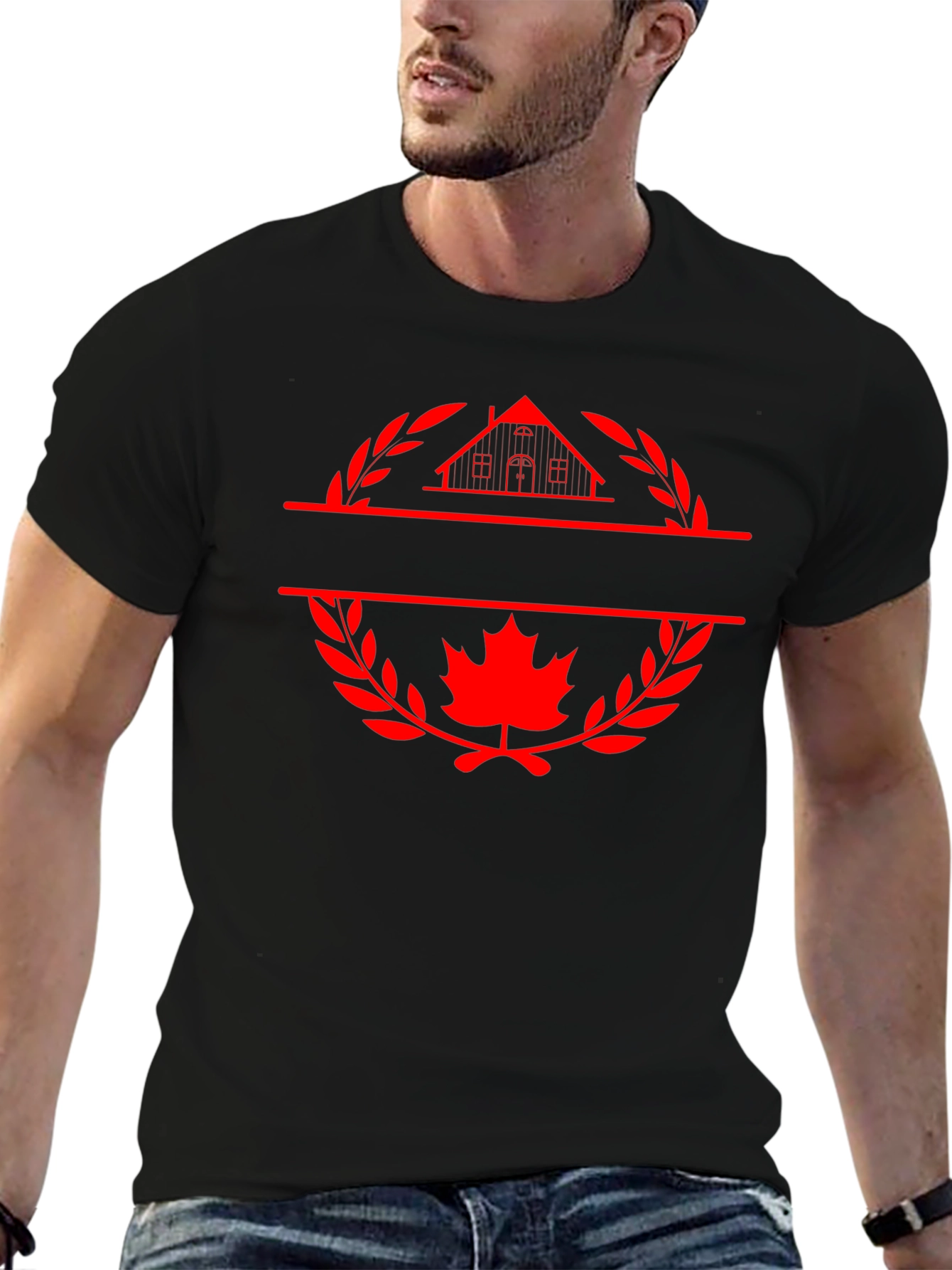 Black Black T-Shirt with House and Maple Leaf Graphic view 6