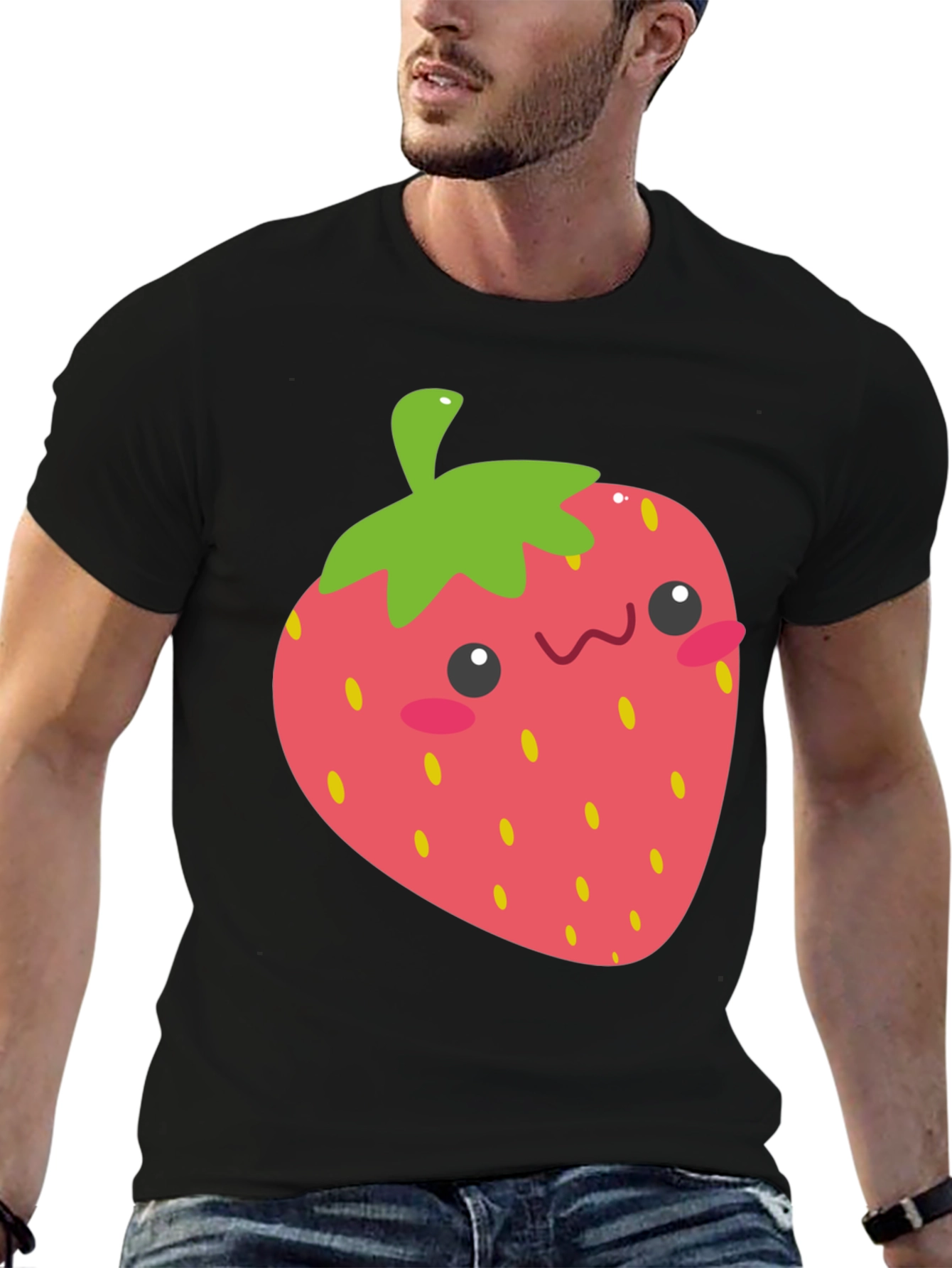 Black Cute Strawberry Graphic Tee - Black Cotton T-Shirt view 6