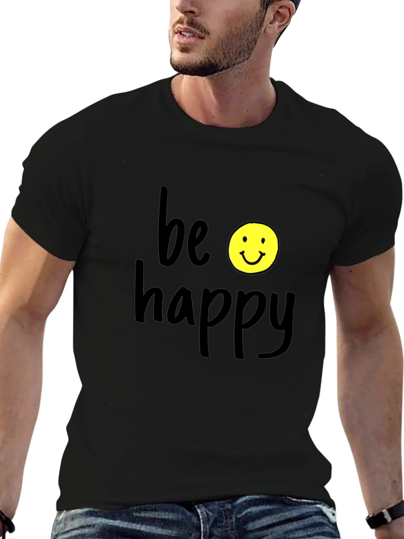 Black Be Happy Graphic Tee - Black Casual T-Shirt view 6