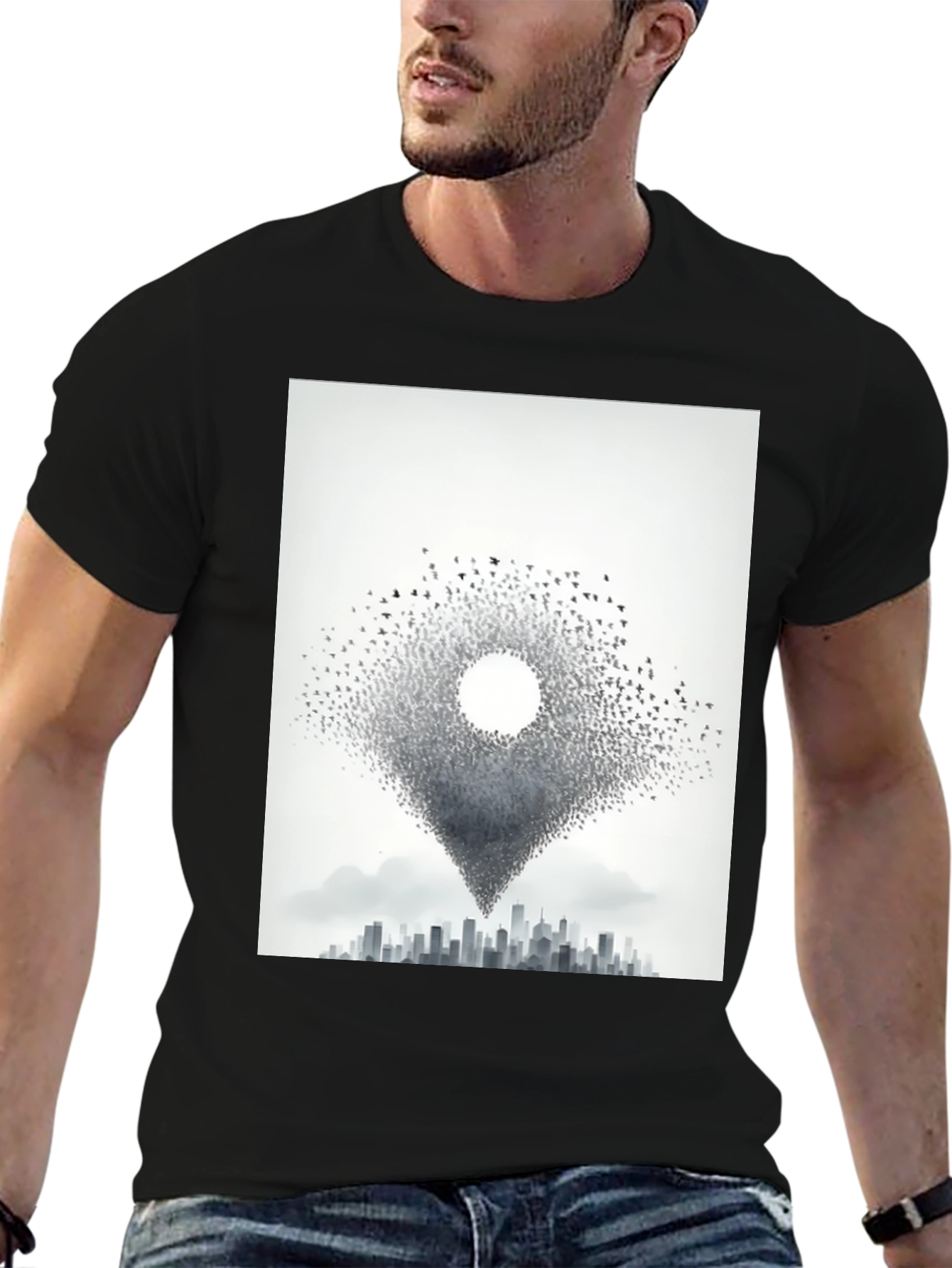 Black Urban Migration T-Shirt - Bird Cityscape Tee view 6