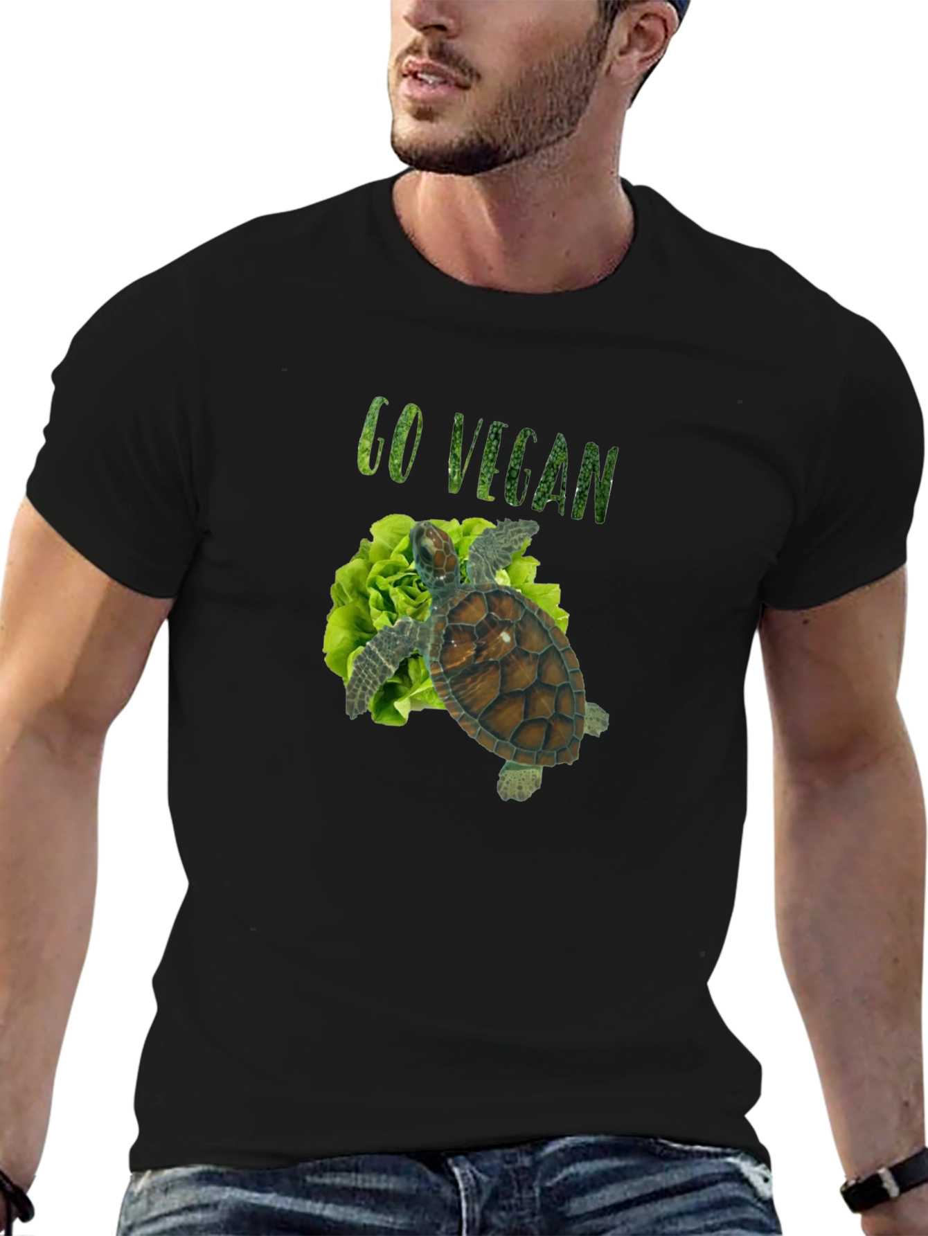 Black Go Vegan Turtle Tee - Unisex Black T-Shirt view 6