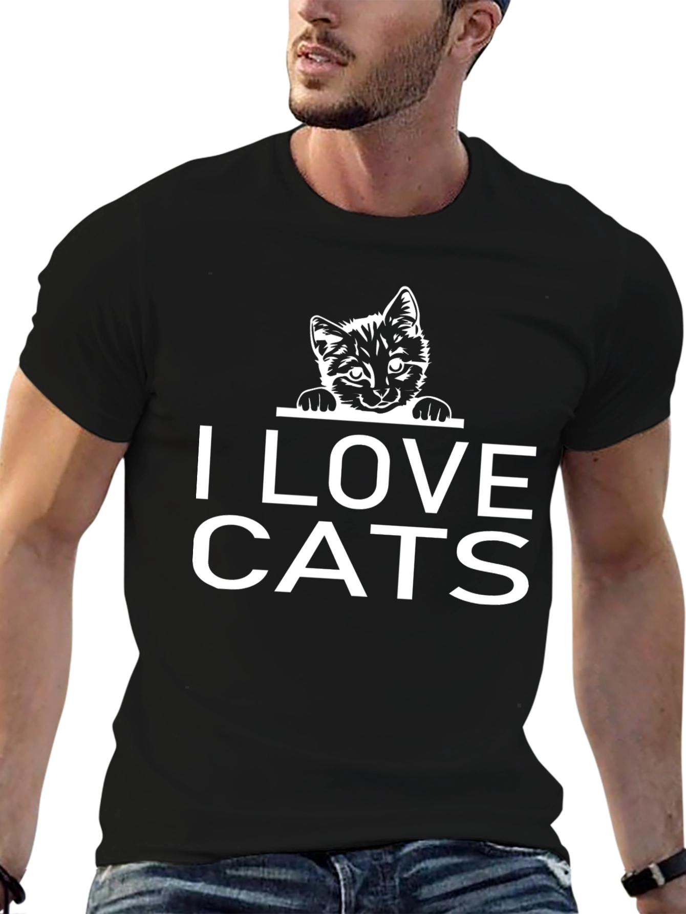 Black I Love Cats Graphic Tee - Black Cotton T-Shirt view 6