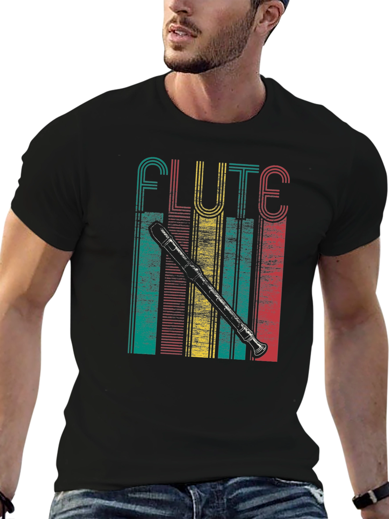 Black Retro Flute Player T-Shirt view 6