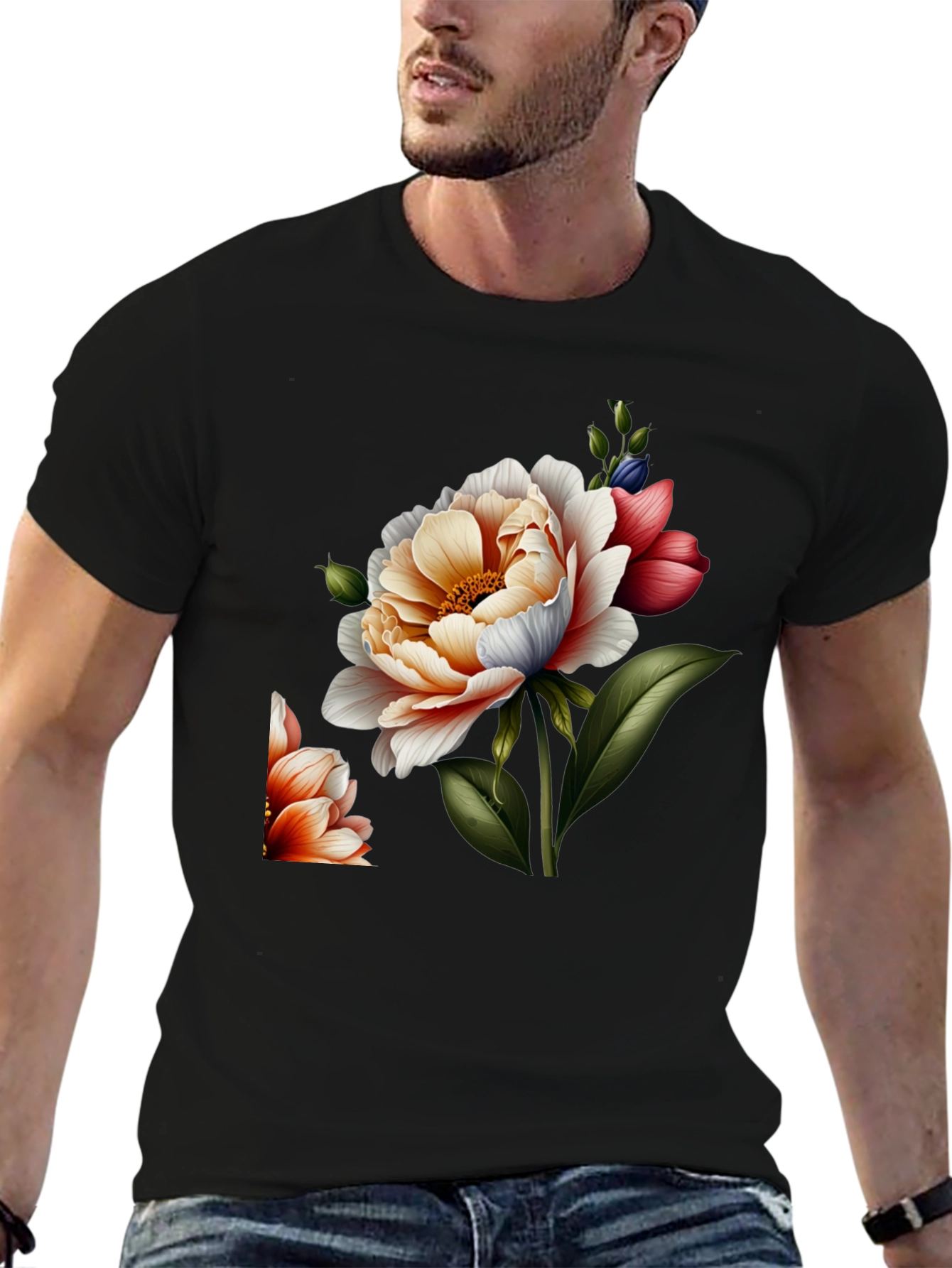 Black Floral Graphic Print Crew Neck Tee - Black view 6