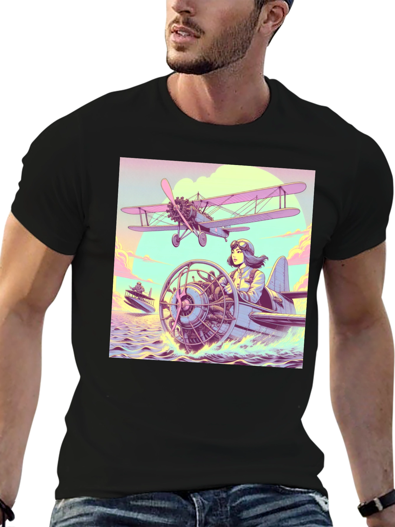 Black Retro Aviation T-Shirt - Pilot in Seaplane Design view 6