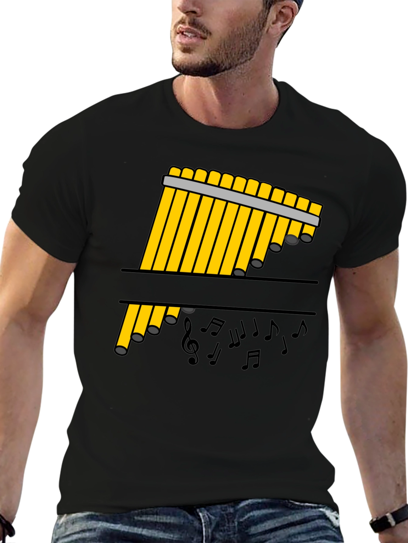Black Pan Flute Music Notes Black Graphic Tee view 6
