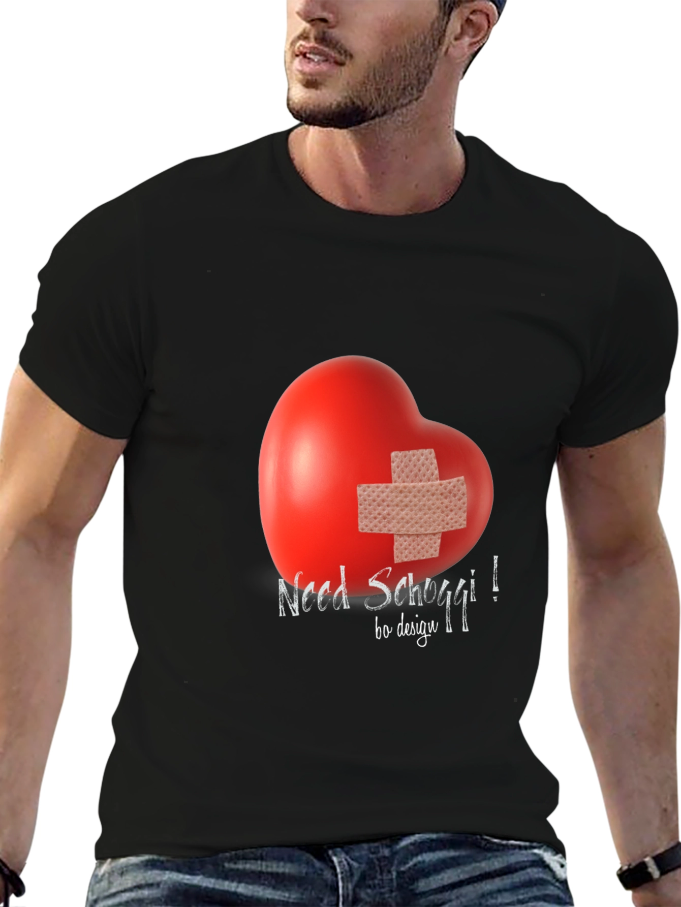 Black Need Schoggi! Heart Bandage Graphic Tee - Unisex Black T-Shirt view 6