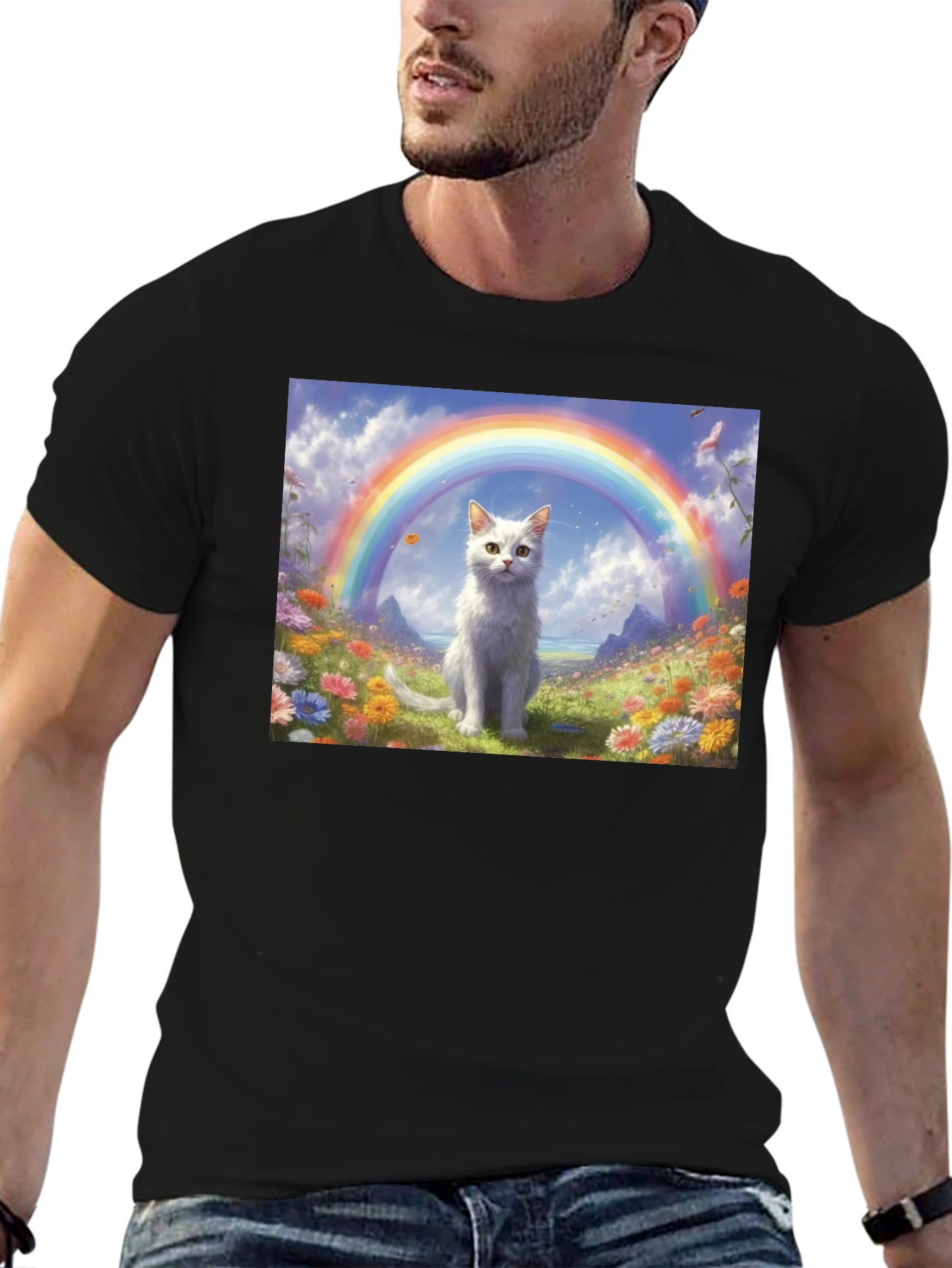 Black Cat Rainbow Field T-Shirt - Unique Design view 6