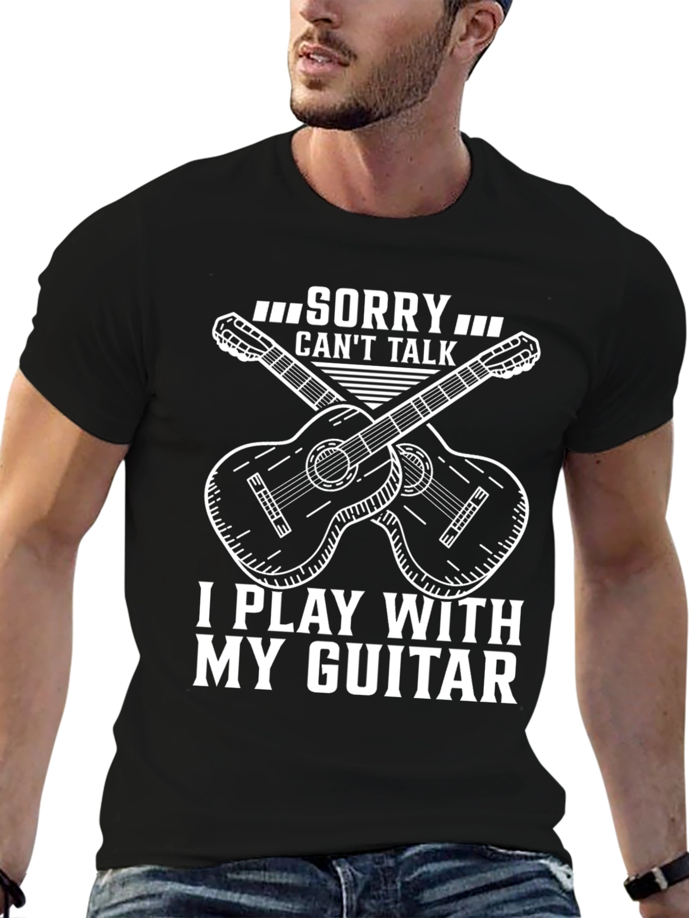 Black Guitar Player T-Shirt: Sorry, Can't Talk view 6