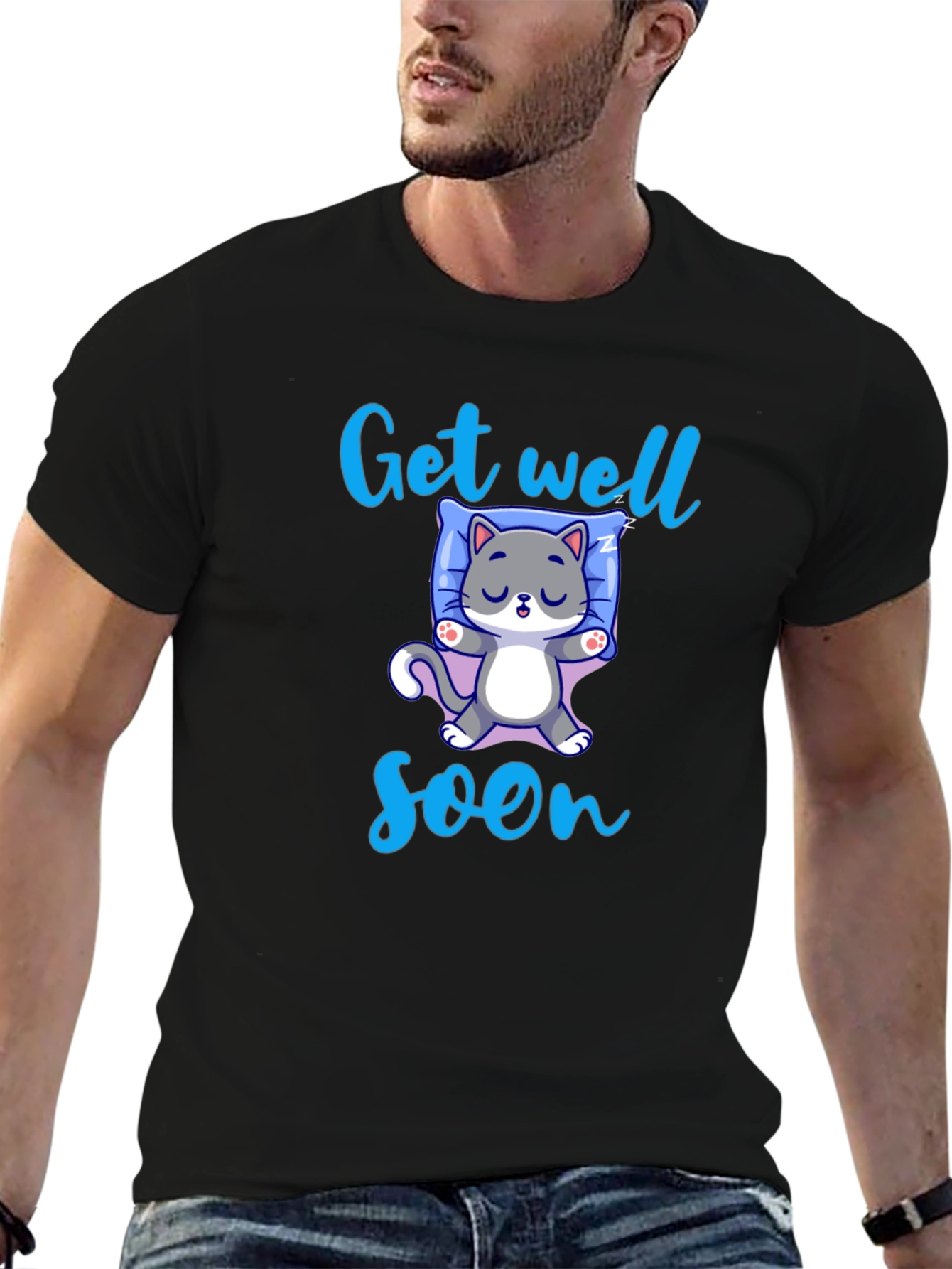 Black Get Well Soon Cute Cat T-Shirt view 6