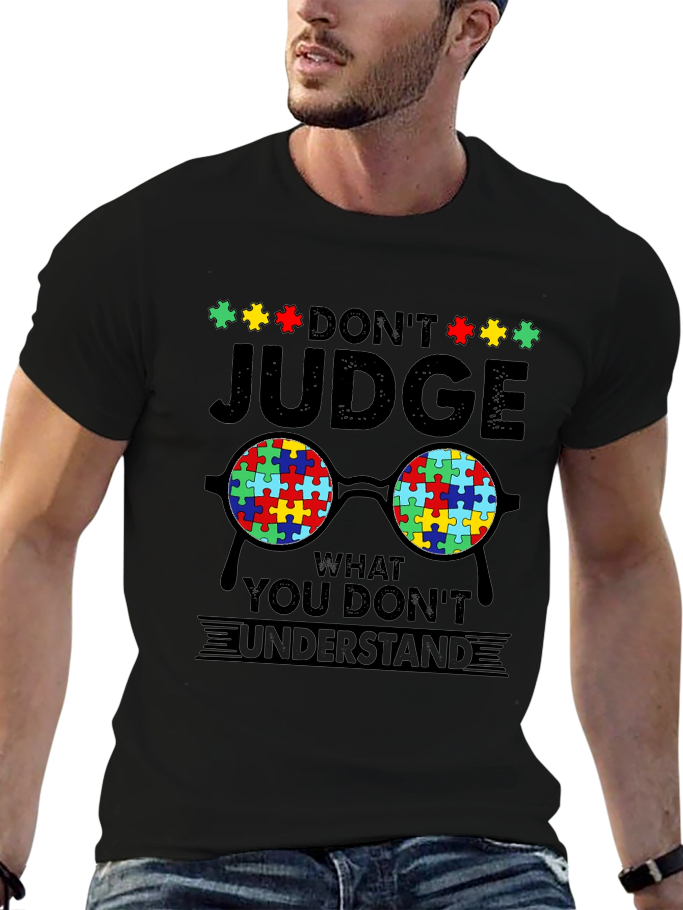 Black Autism Awareness T-Shirt - Don't Judge view 6