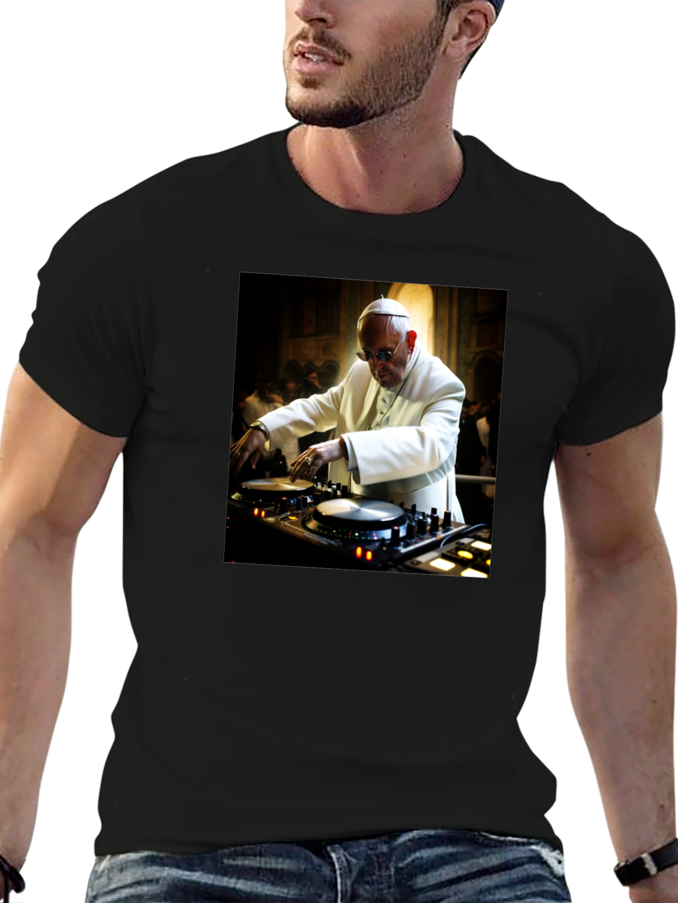 Black DJ Pope Black T-Shirt - Religious Humor view 6