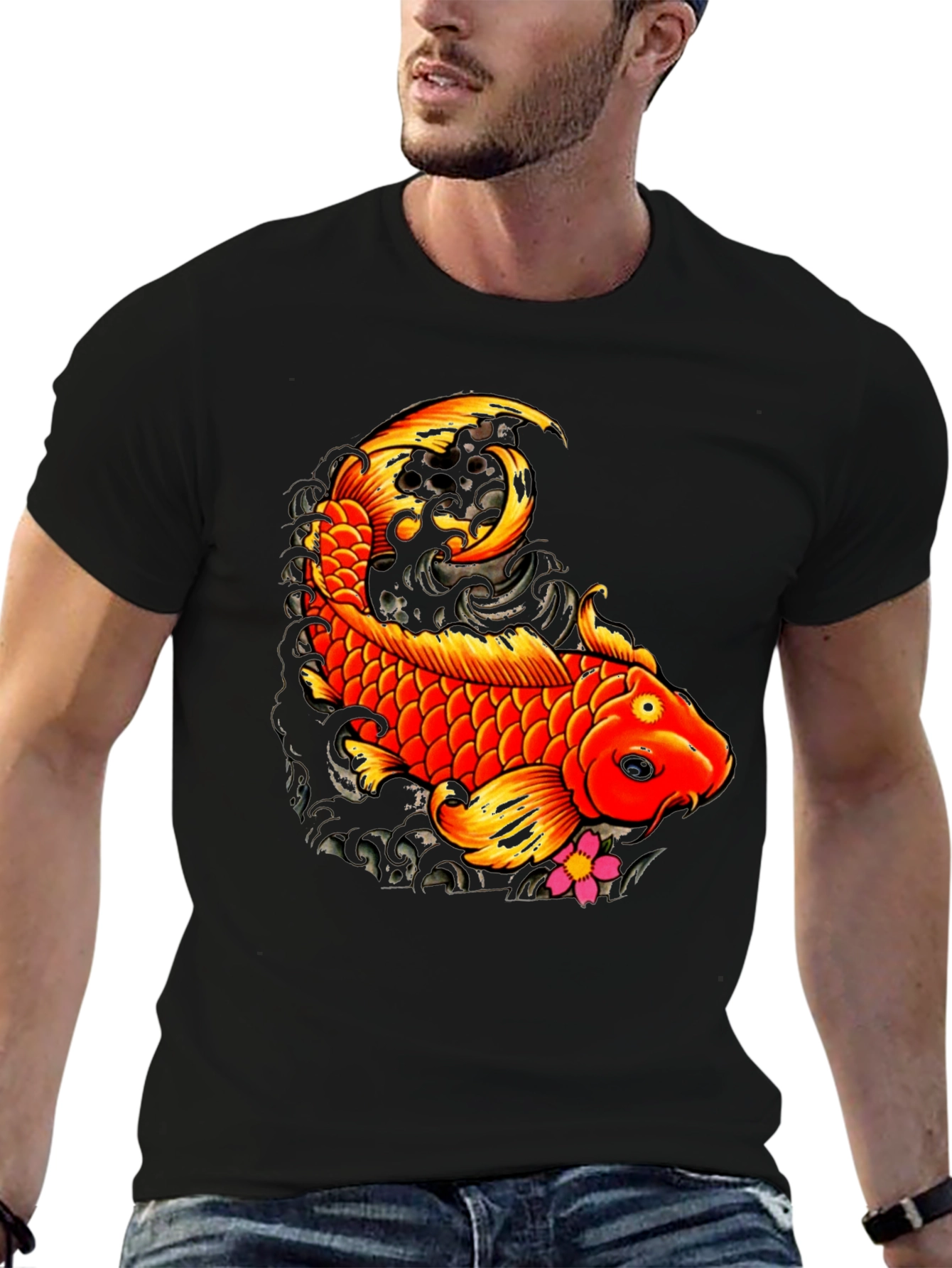 Black Koi Fish Graphic Tee - Black Casual T-Shirt view 6