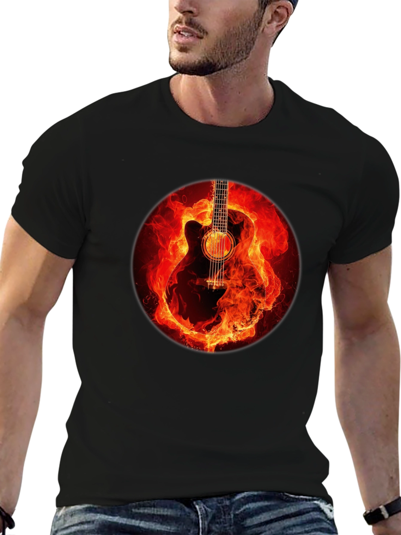 Black Fiery Guitar Graphic Tee - Black Cotton Blend view 6