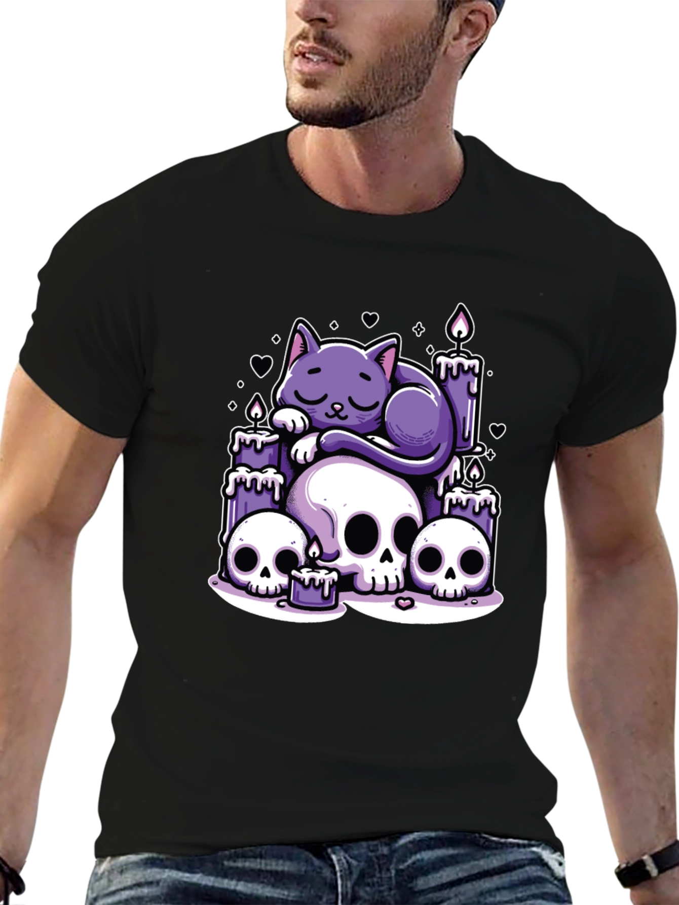 Black Gothic Cat Skull Candle Graphic Tee view 6