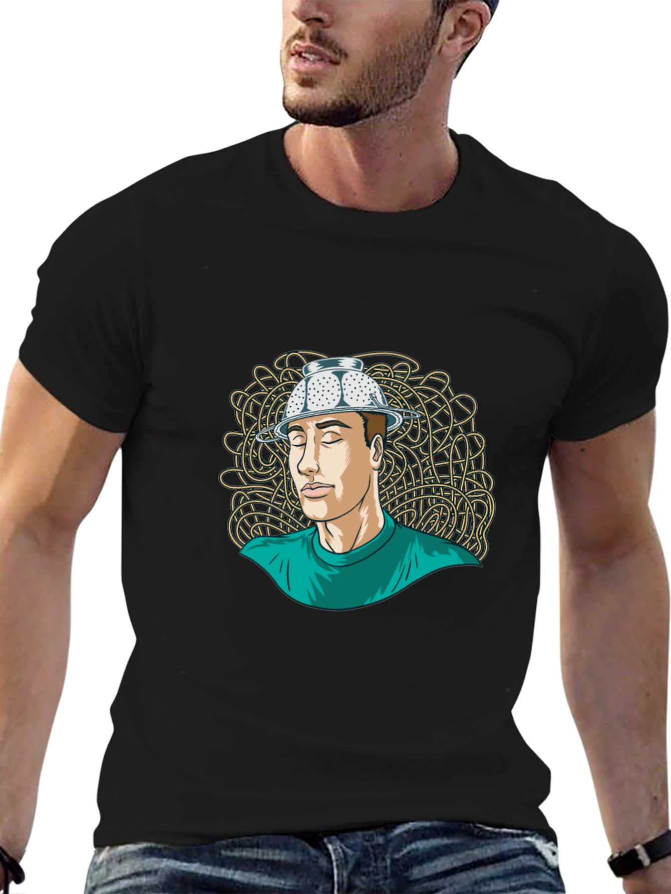 Black Colander Hat Man Tee - Quirky Graphic T-Shirt view 6