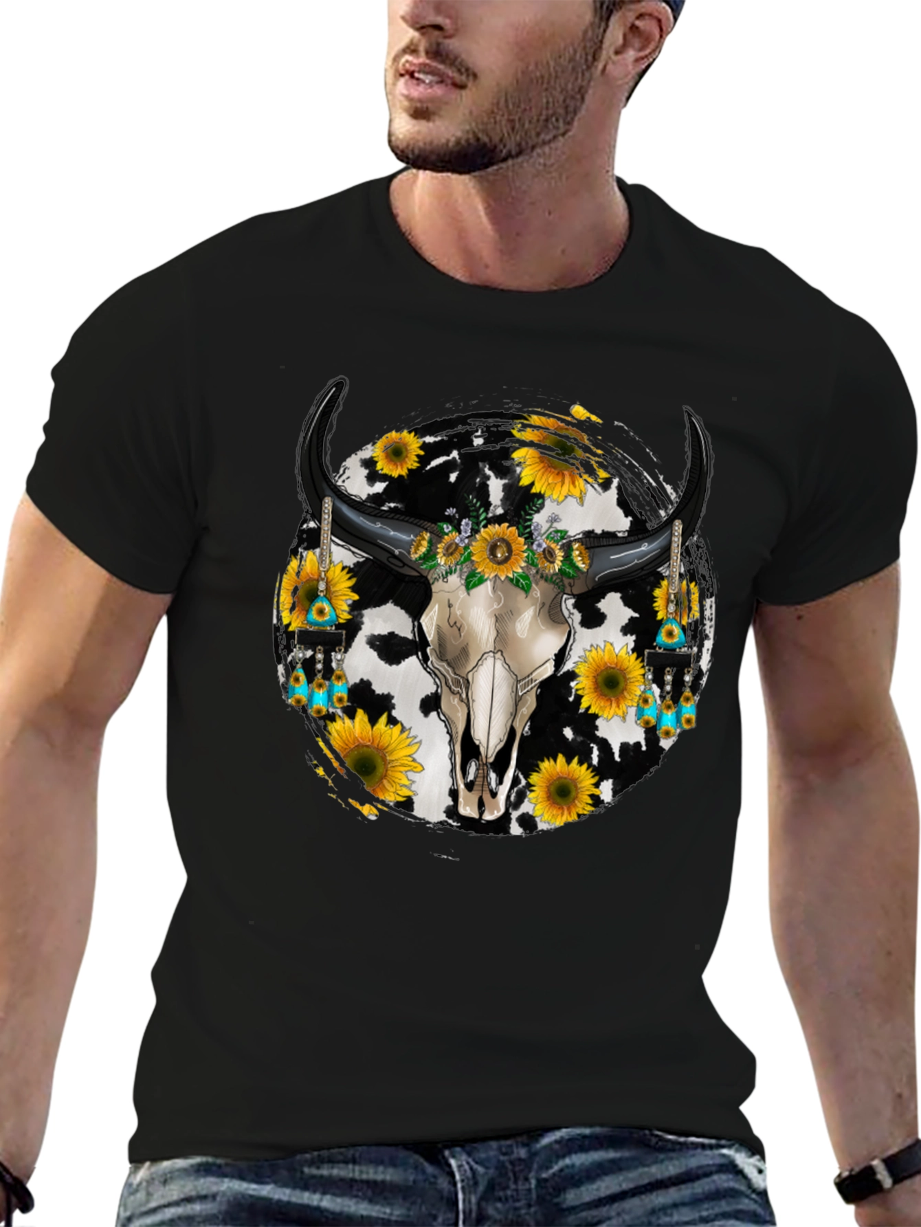 Black Cow Skull Sunflower Graphic Tee view 6