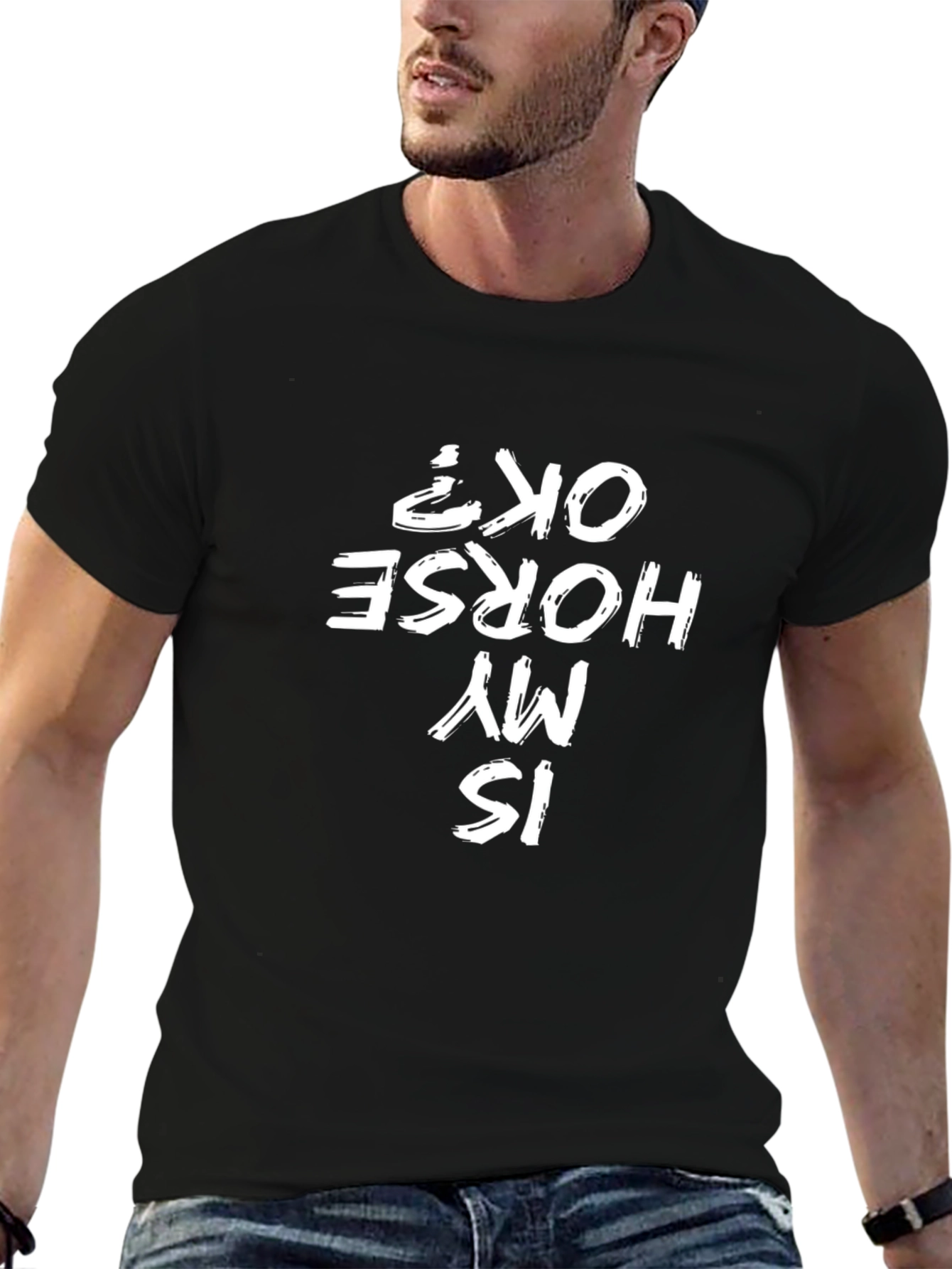 Black Is My Horse OK? Graphic Tee - Black Short Sleeve T-Shirt view 6