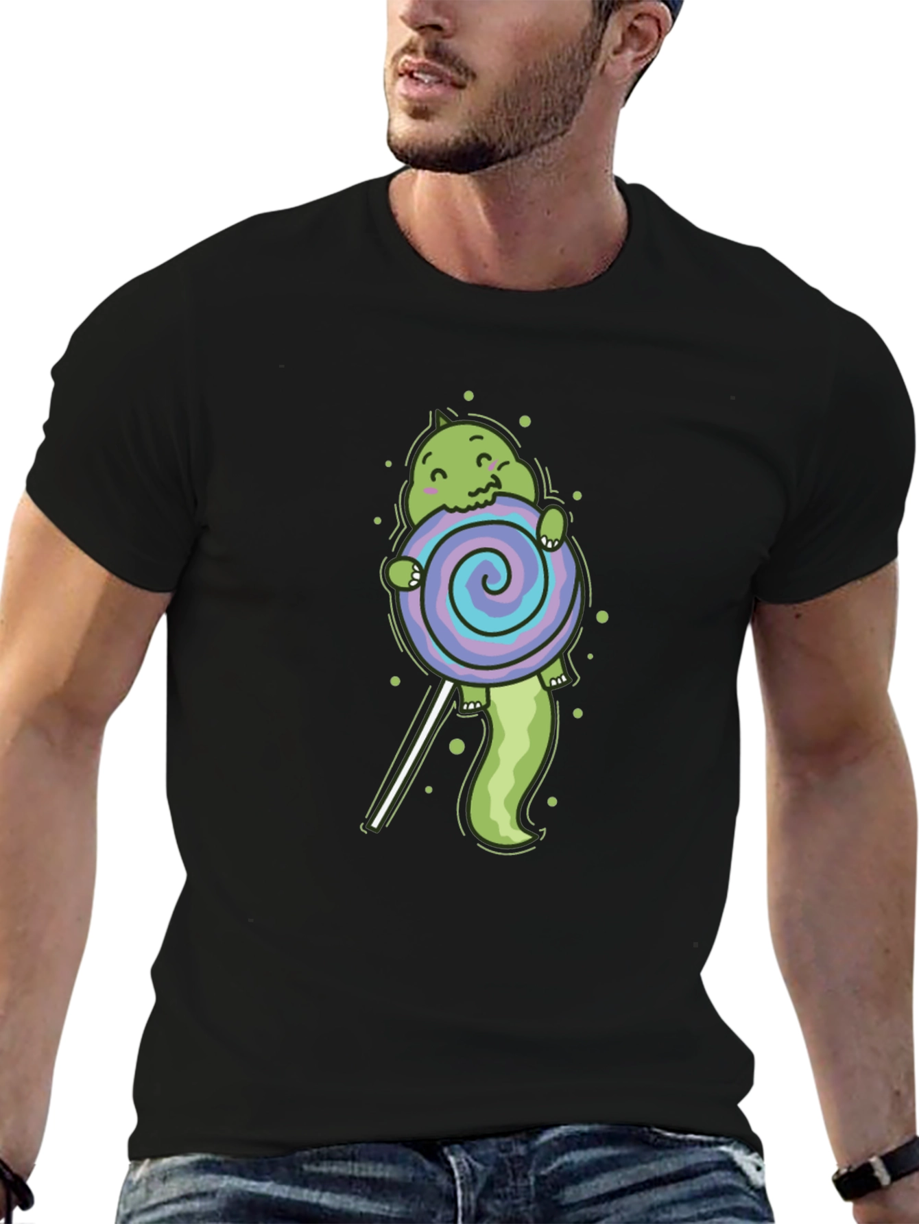 Black Cartoon Dinosaur Lollipop Graphic T-Shirt view 6