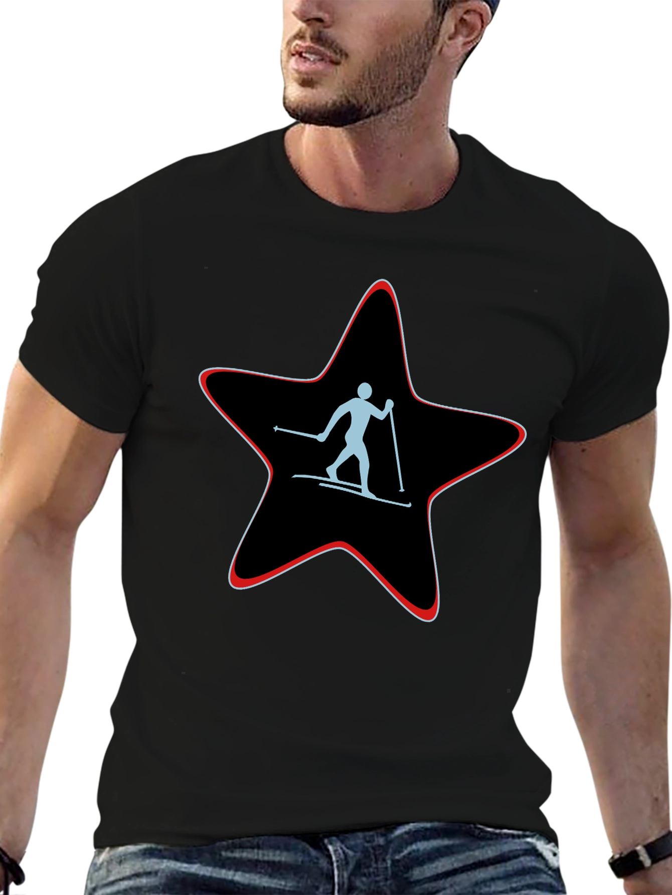Black Skiing Star Graphic Tee - Black Cotton T-Shirt view 6