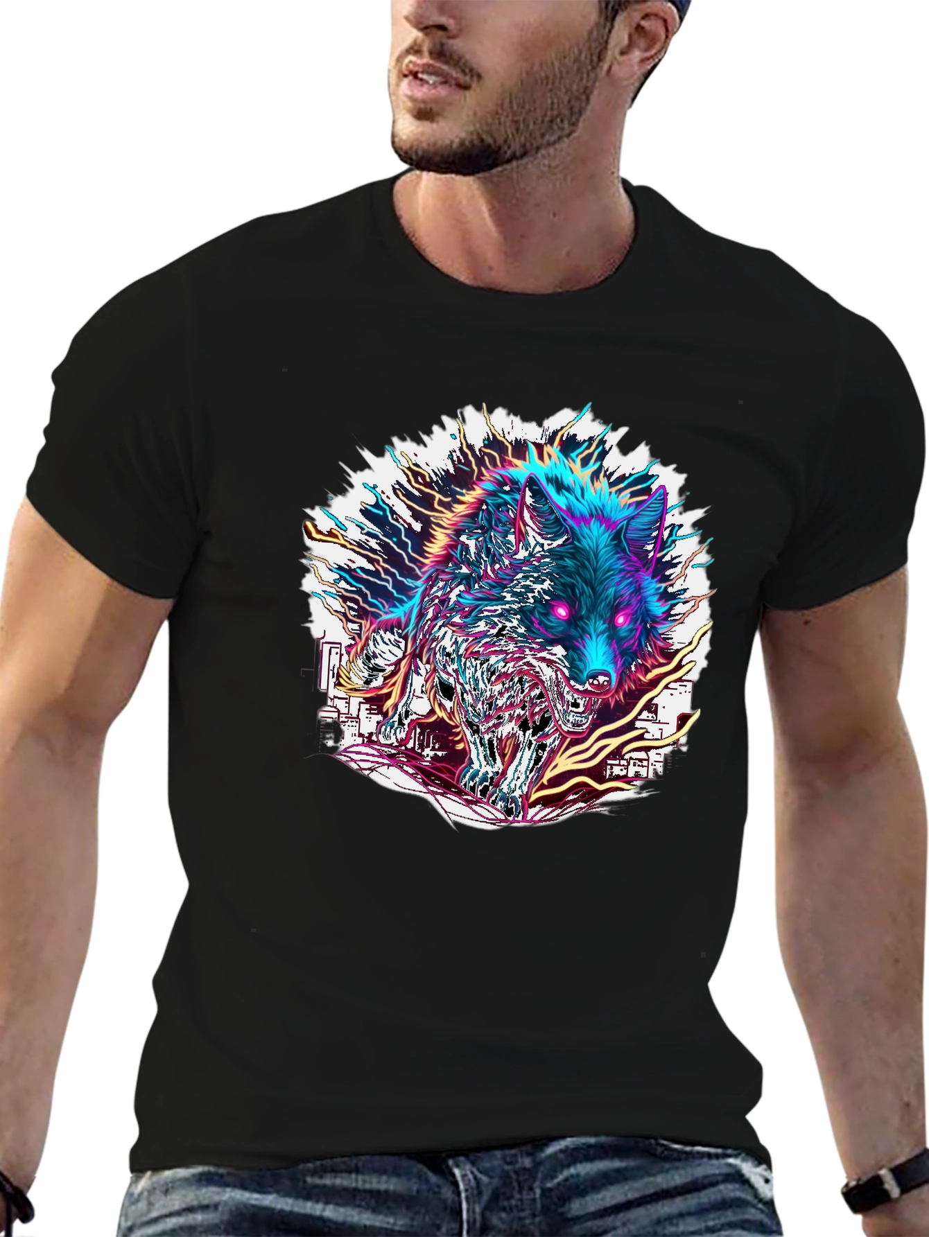 Black Neon Wolf Graphic Tee - Bold Style view 6