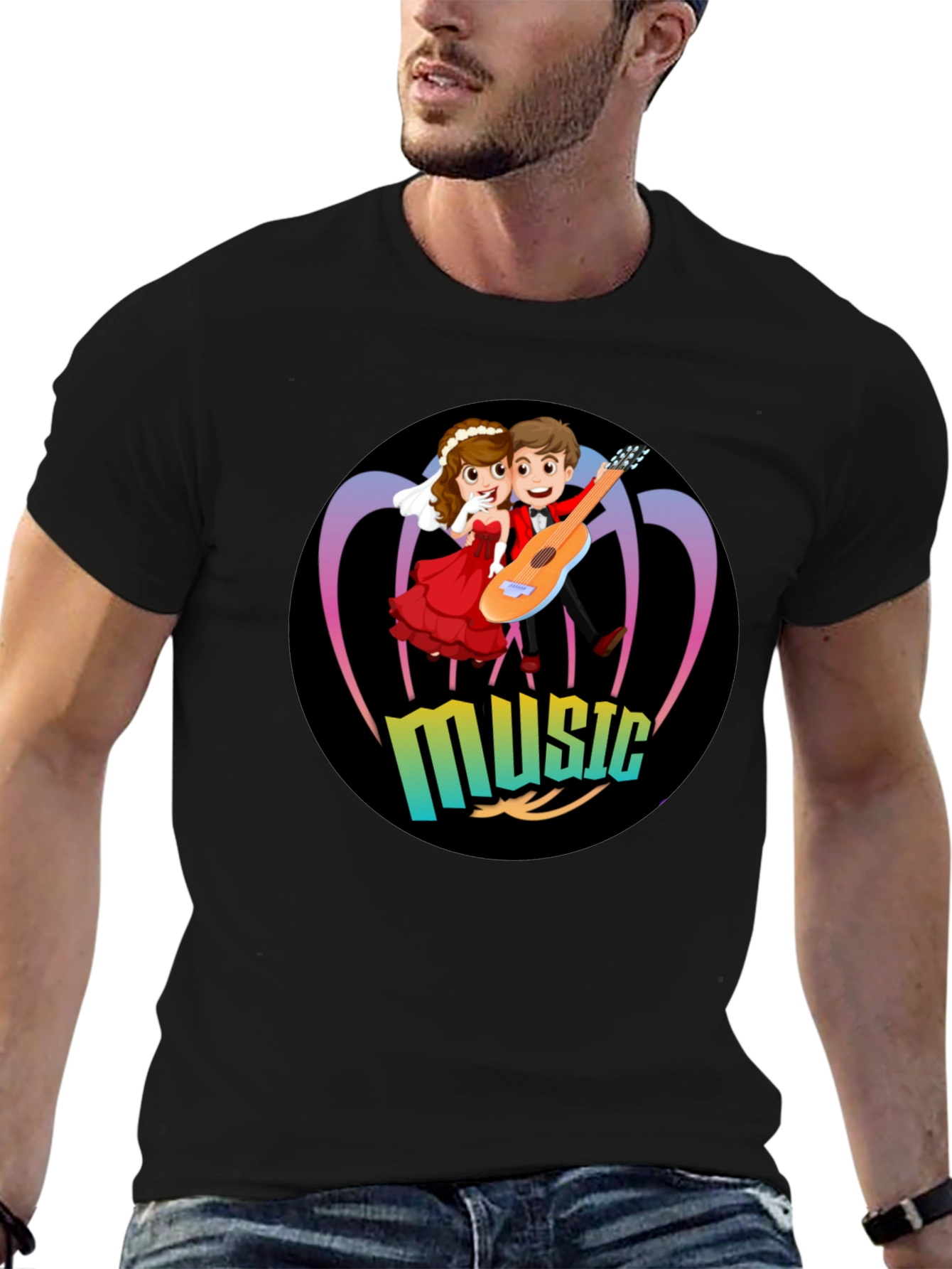 Black Cartoon Music Couple Black T-Shirt view 6