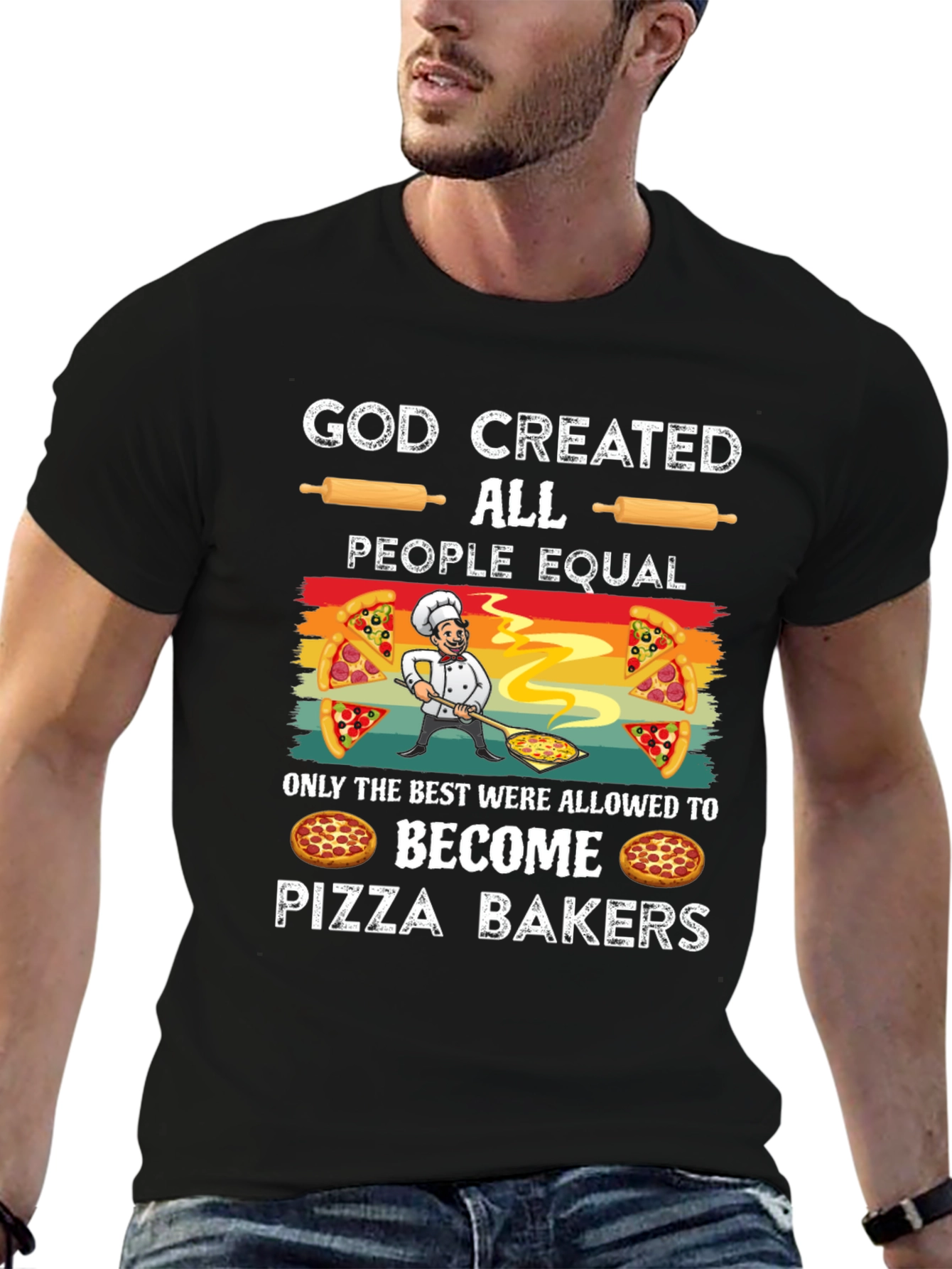 Black God Created Pizza Bakers Funny T-Shirt view 6