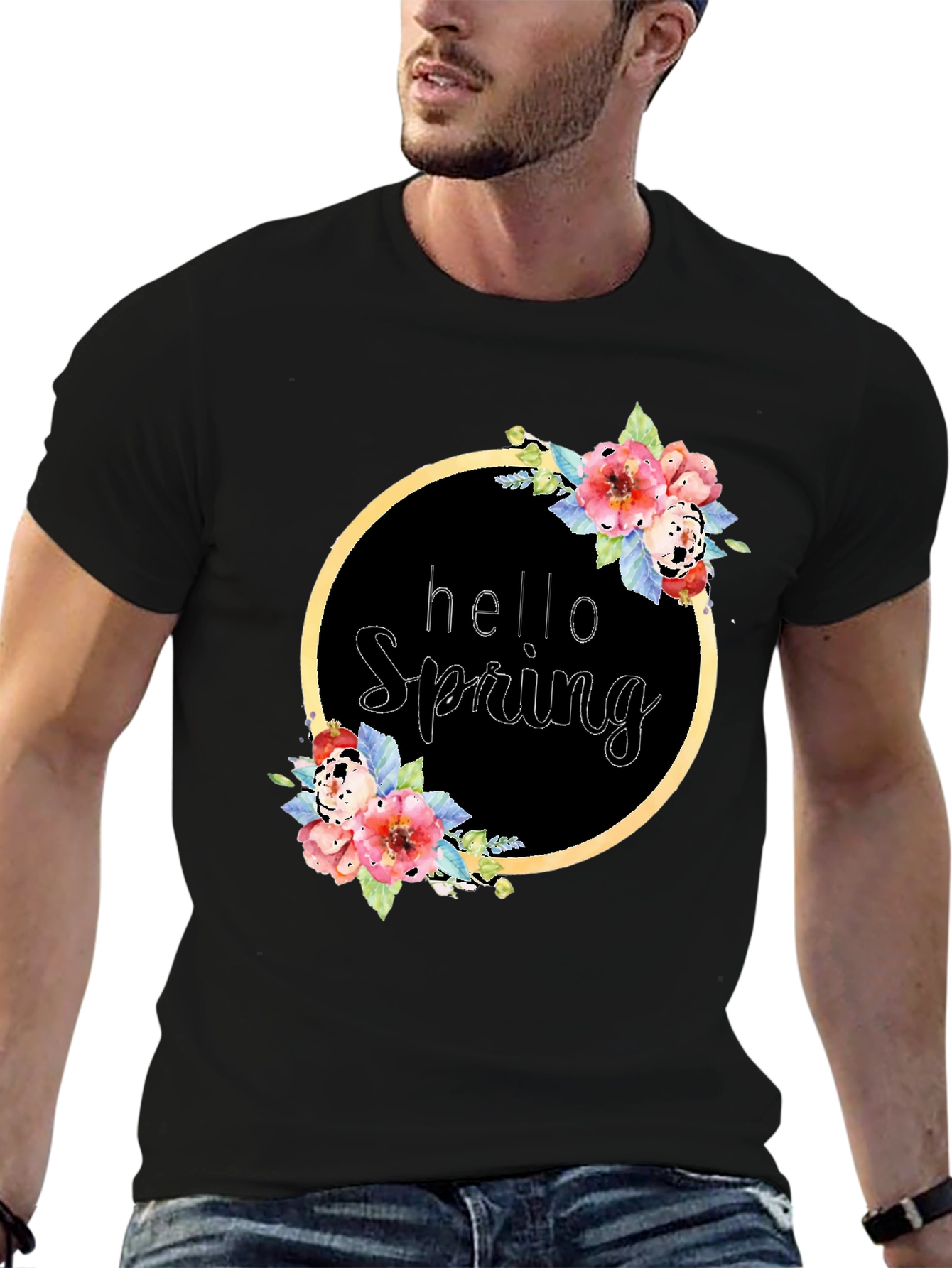 Black Hello Spring Floral Wreath T-Shirt view 6