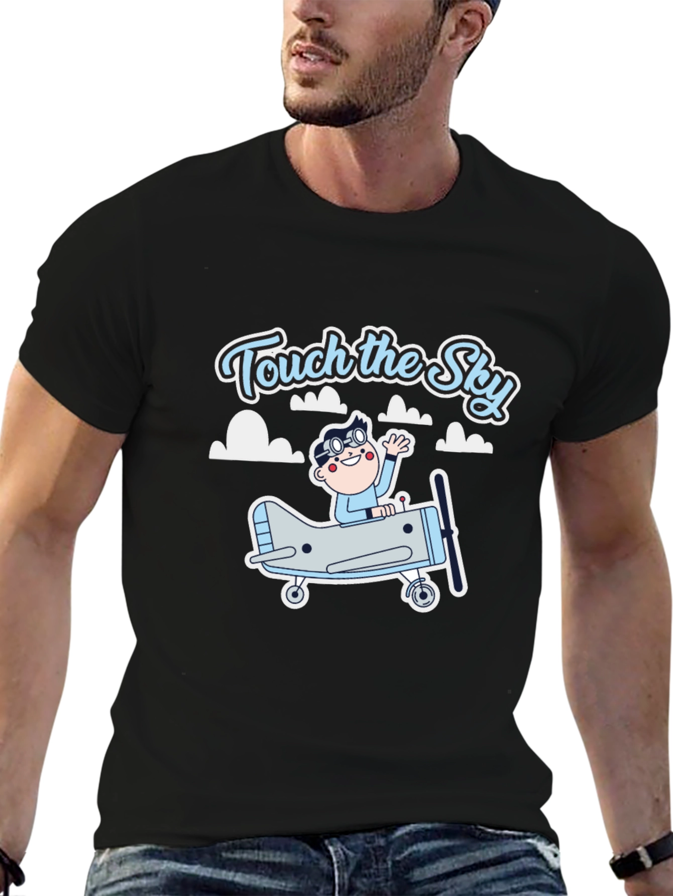 Black Touch the Sky T-Shirt - Airplane & Pilot Design view 6