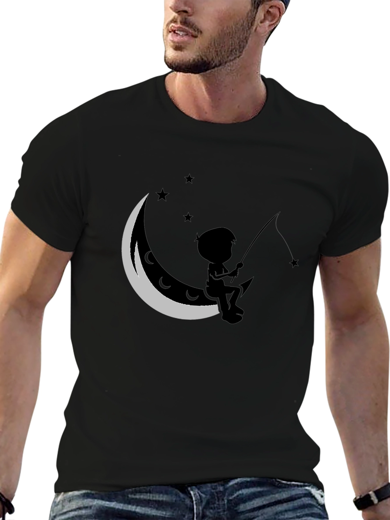 Black Boy Fishing on the Moon T-Shirt view 6