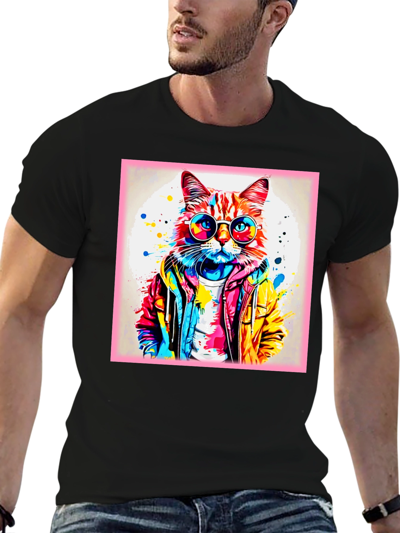 Black Cool Cat Graphic Tee - Colorful Art Design view 6