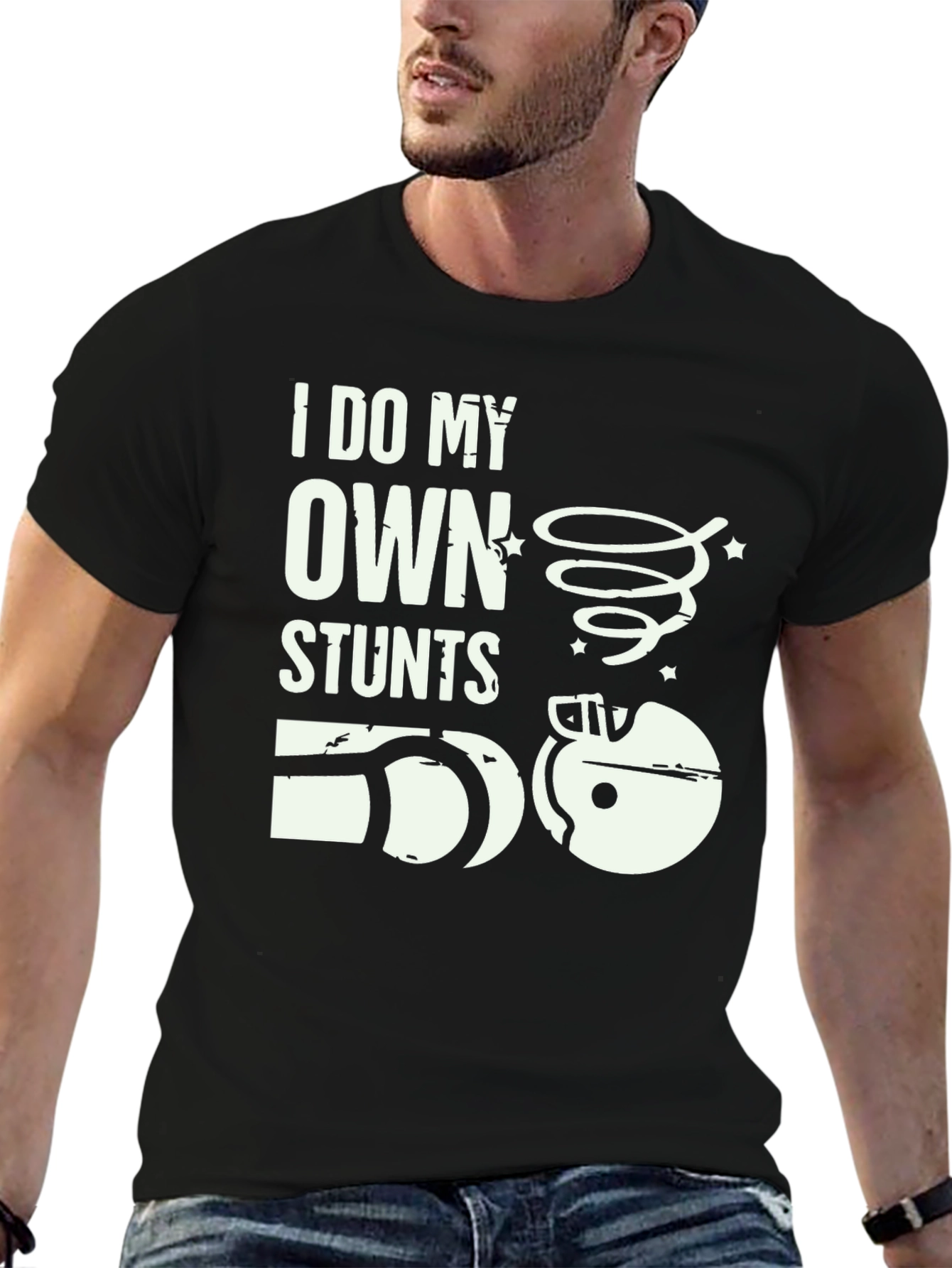 Black I Do My Own Stunts T-Shirt - Funny Graphic Tee view 6