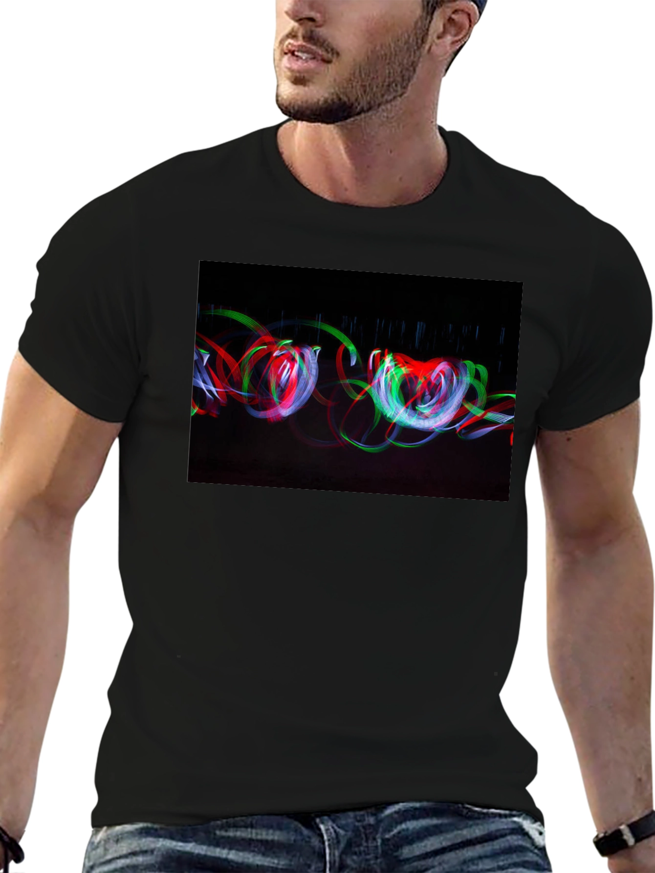 Black Abstract Light Painting Graphic Tee - Black Cotton Blend view 6