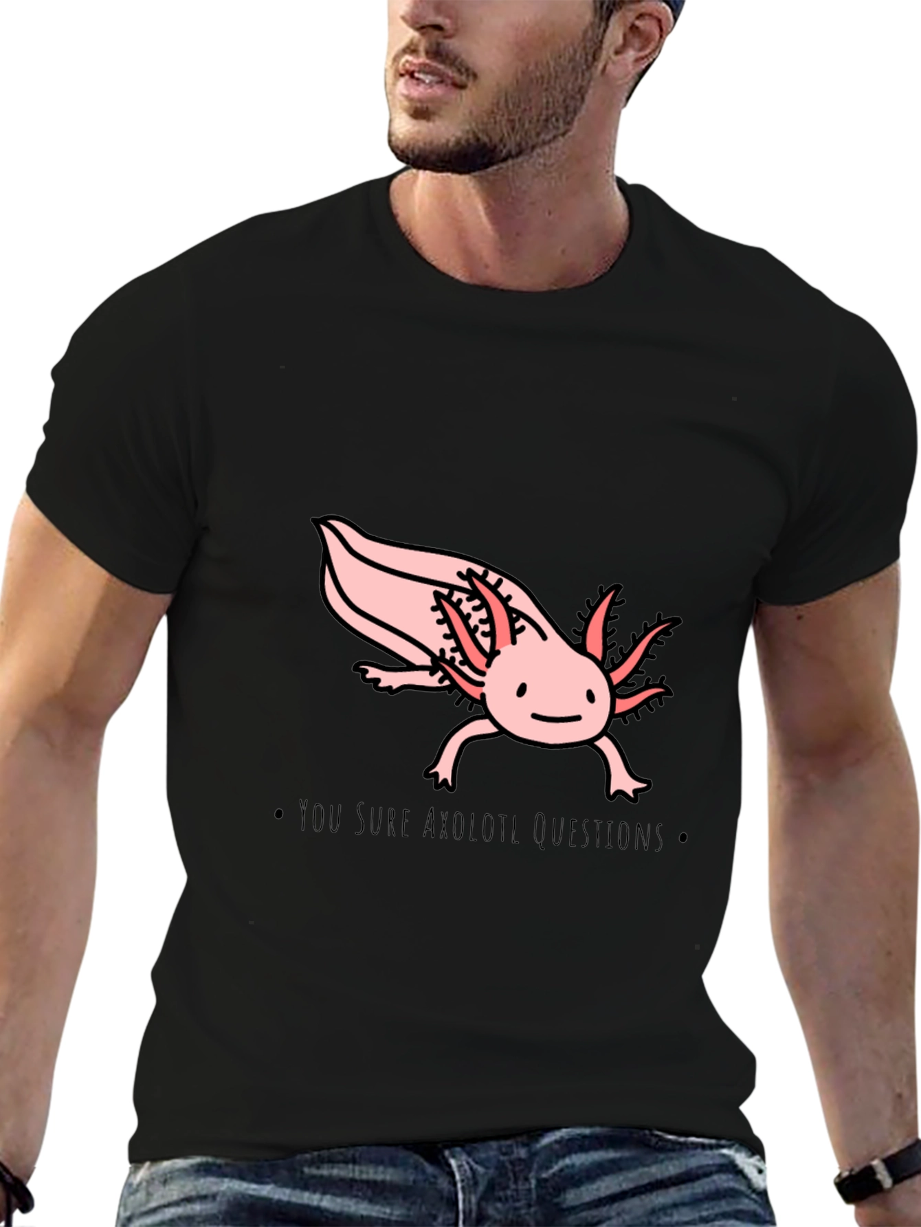 Black Axolotl Questions T-Shirt - Black Cotton Crew Neck view 6