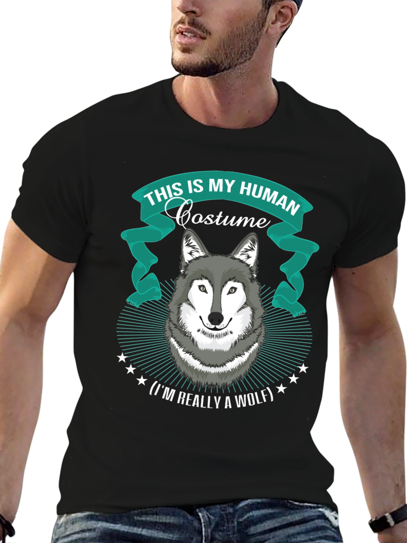 Black Human Costume Wolf T-Shirt Funny Halloween Apparel view 6