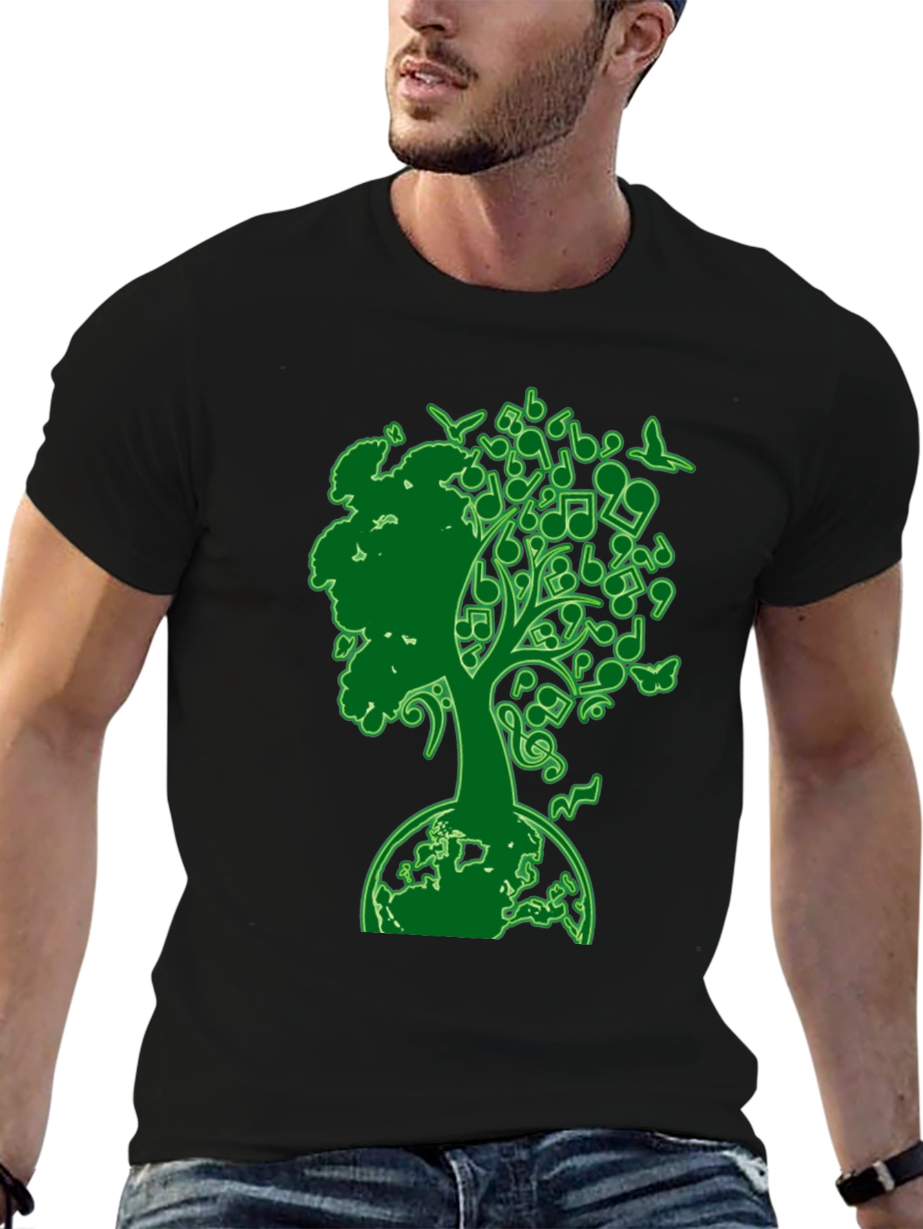 Black Musical Earth Tree Graphic T-Shirt - Nature & Music view 6