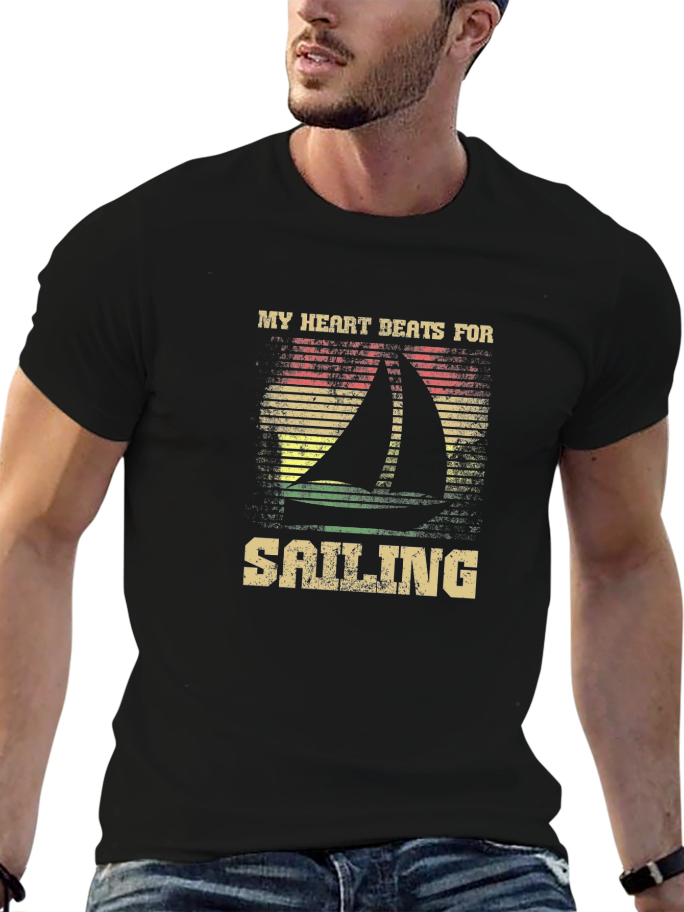 Black Sailing Heartbeat Graphic Tee - Boating Lover T-Shirt view 6