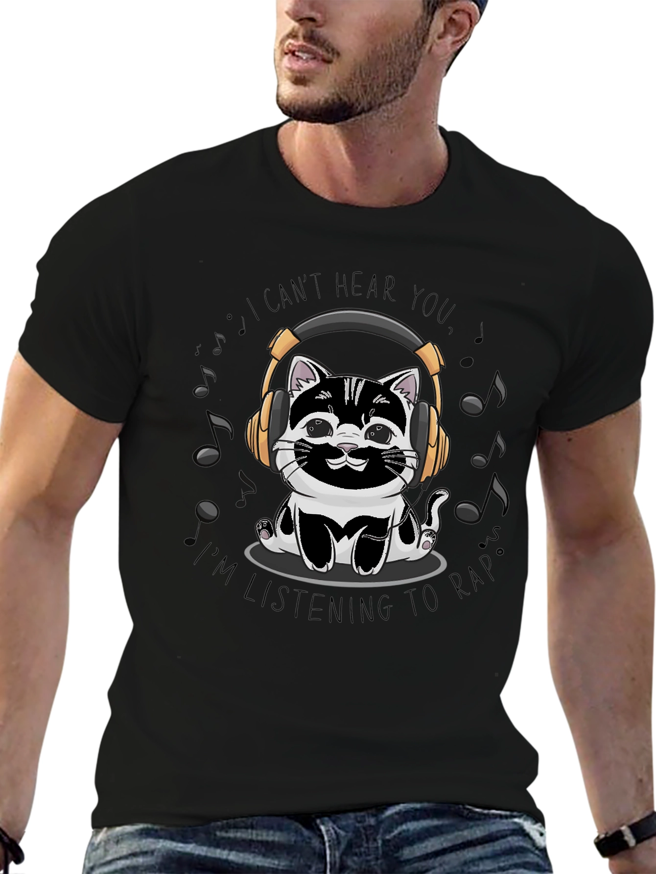 Black Cat Headphones T-Shirt - I Can't Hear You, Listening to Rap view 6