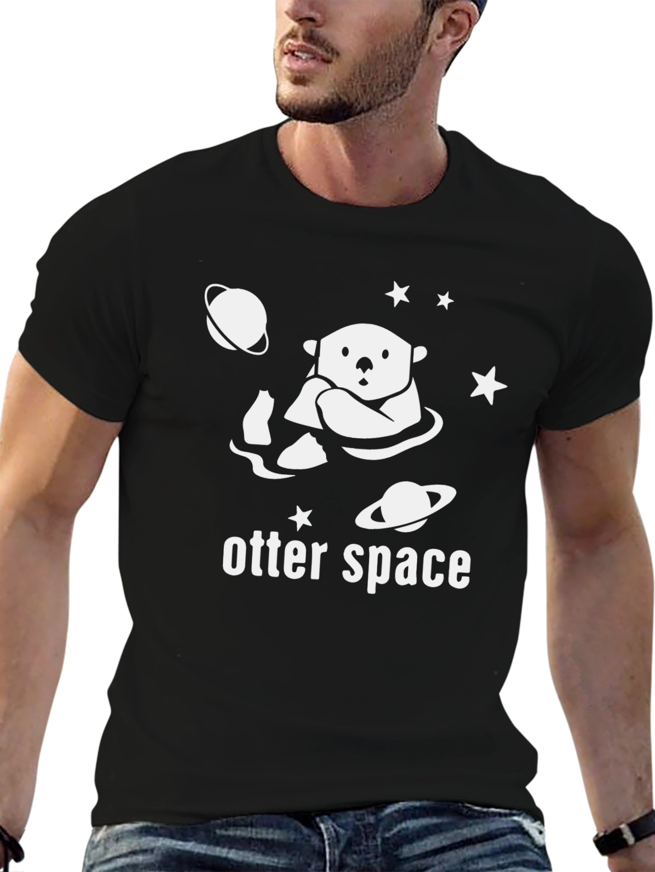 Black Otter Space Graphic Tee - Black Cotton T-Shirt view 6