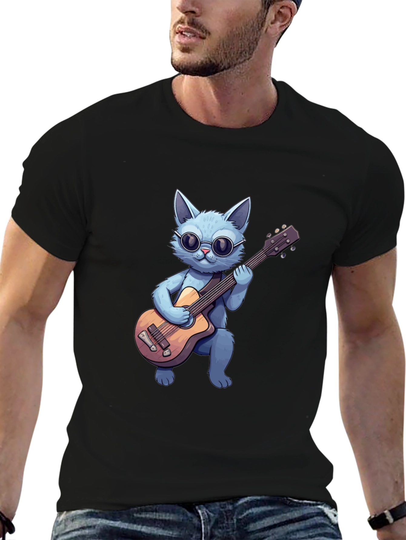 Black Cool Cat Guitarist T-Shirt view 6