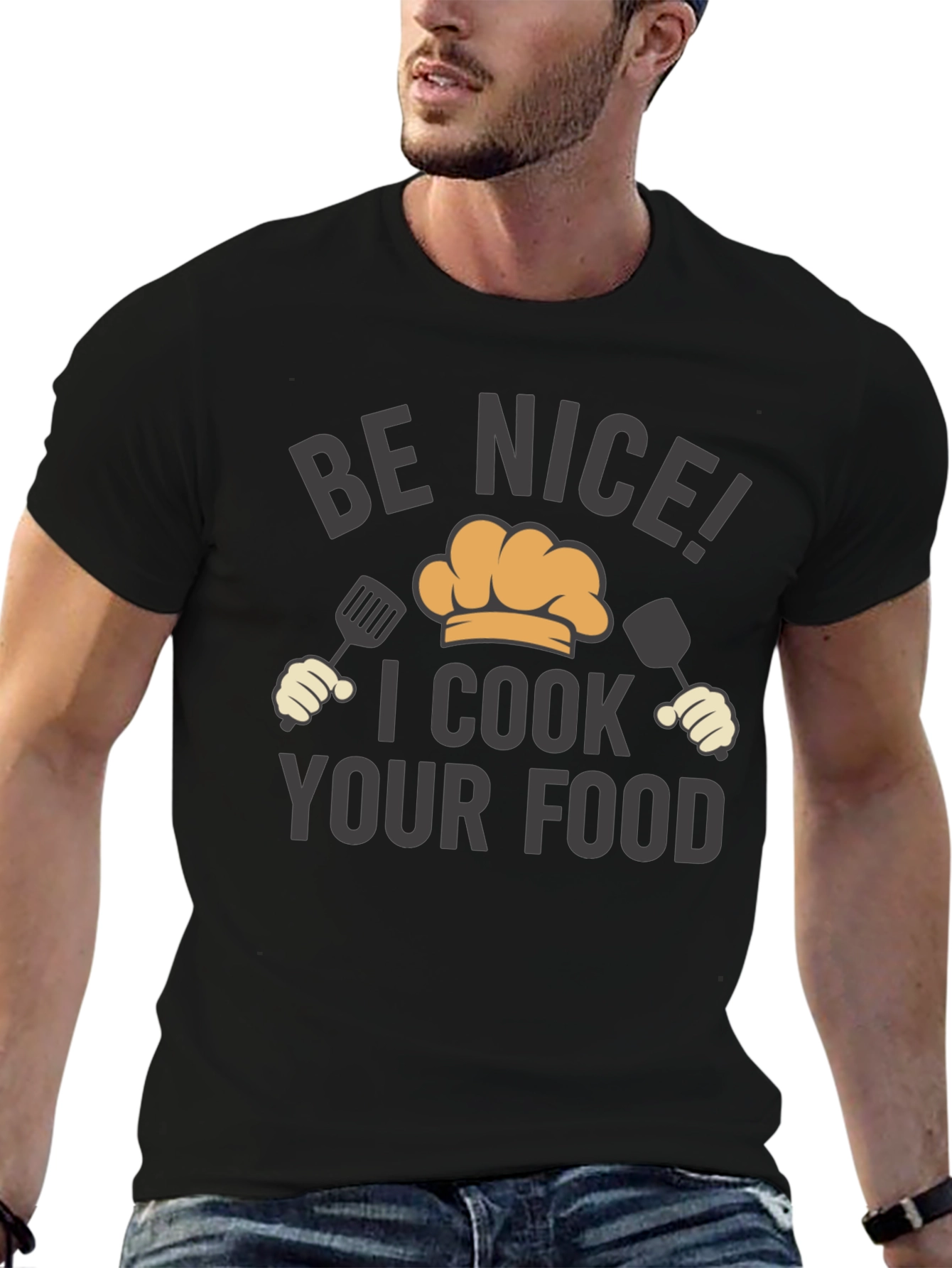 Black Funny Chef T-Shirt - Be Nice! I Cook Your Food view 6