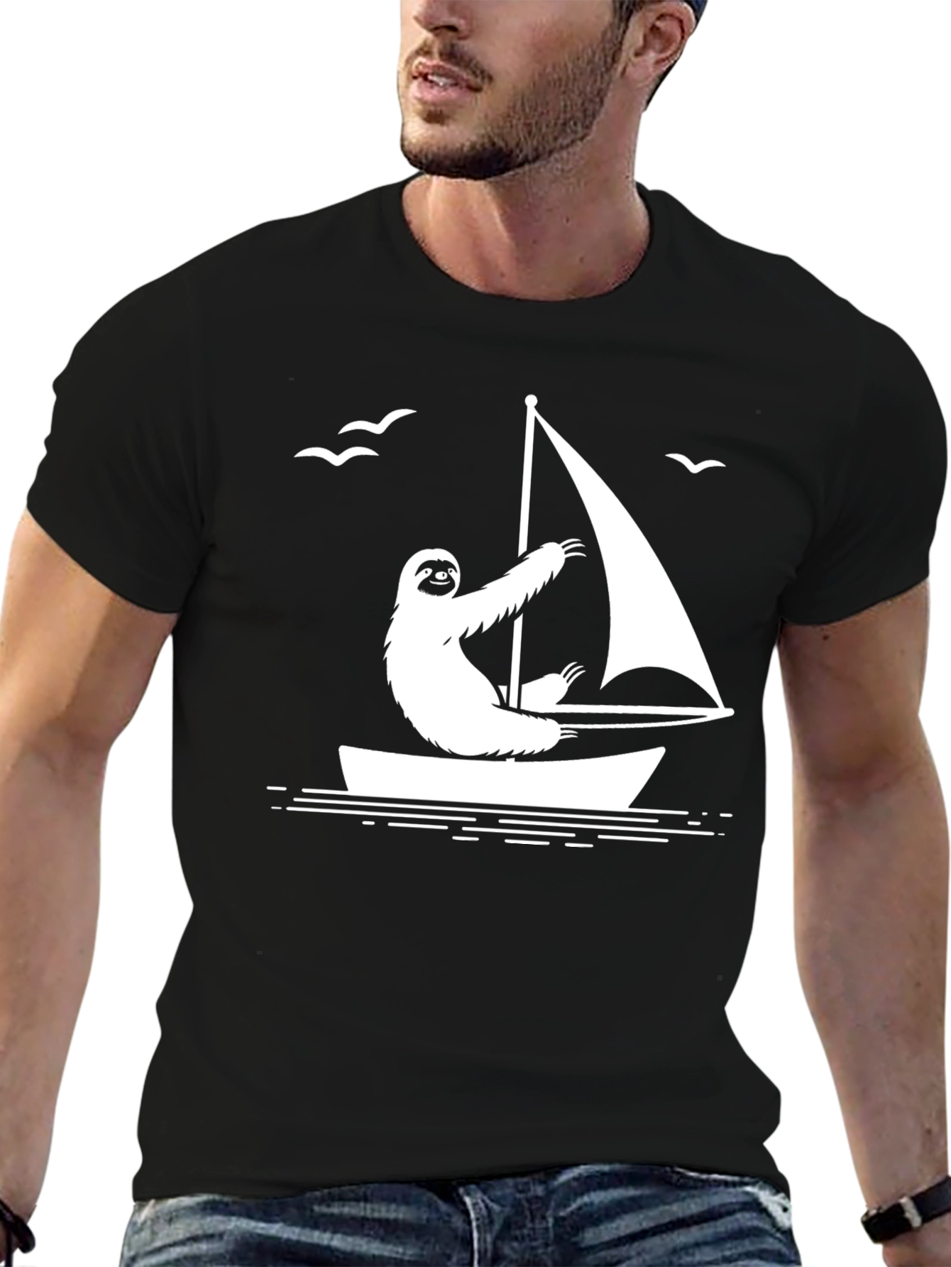 Black Sloth Sailing T-Shirt - Relaxed & Unique Design view 6