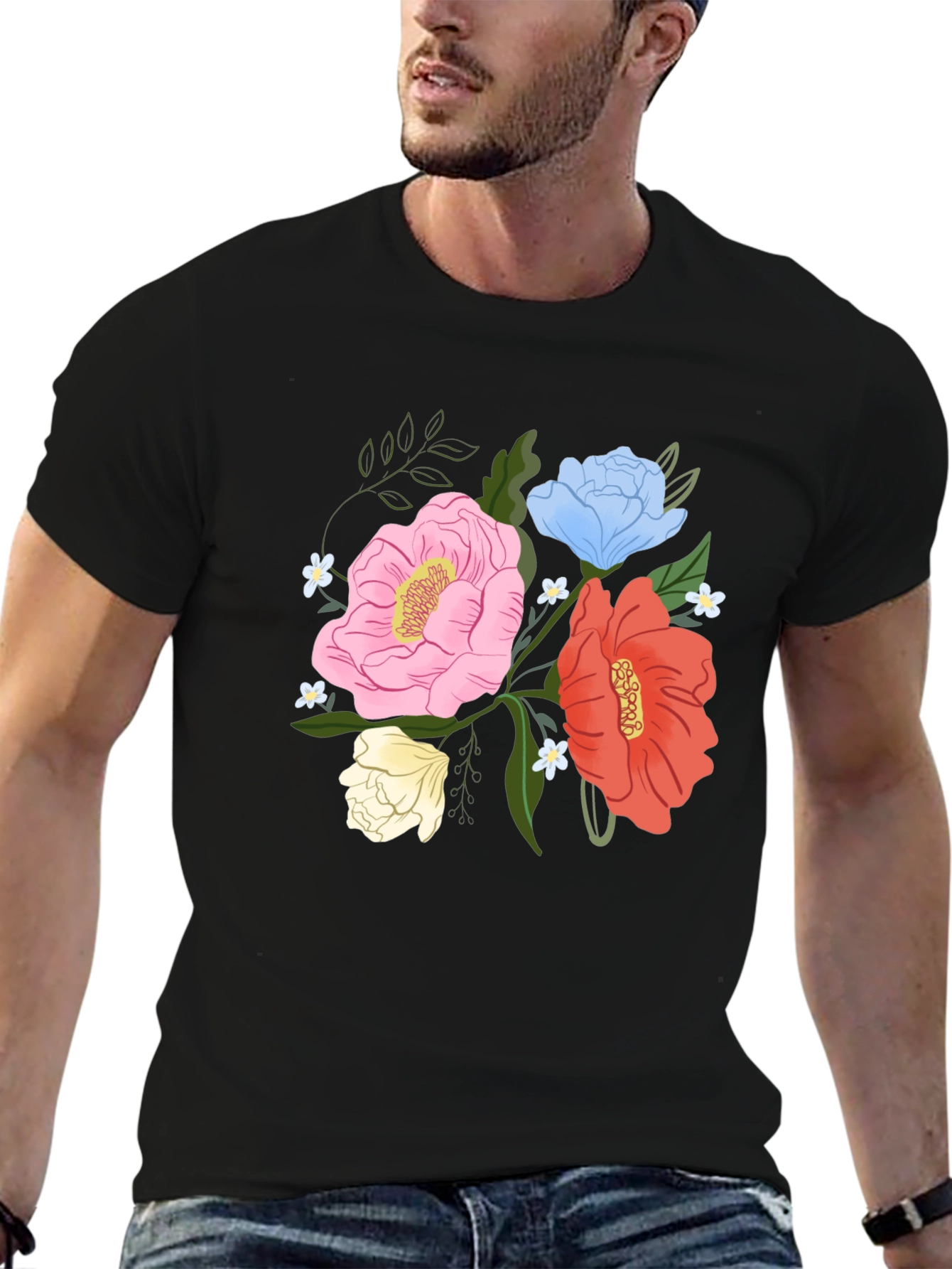 Black Floral Graphic Men's Black T-Shirt view 6