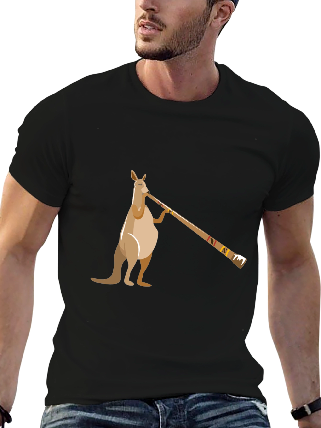 Black Kangaroo Didgeridoo T-Shirt - Black Cotton Tee view 6