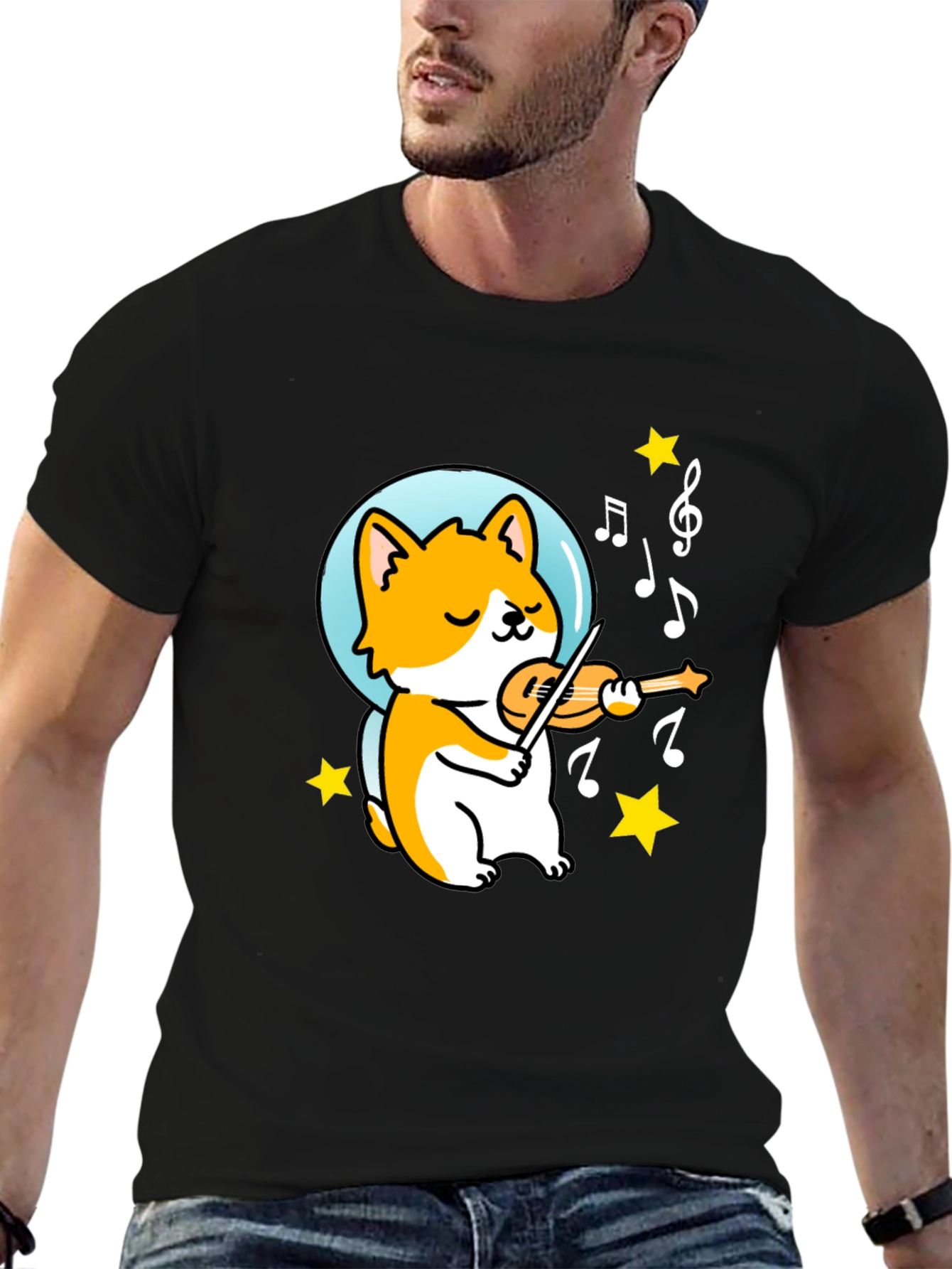 Black Musical Corgi Graphic Tee - Black Cotton T-Shirt view 6