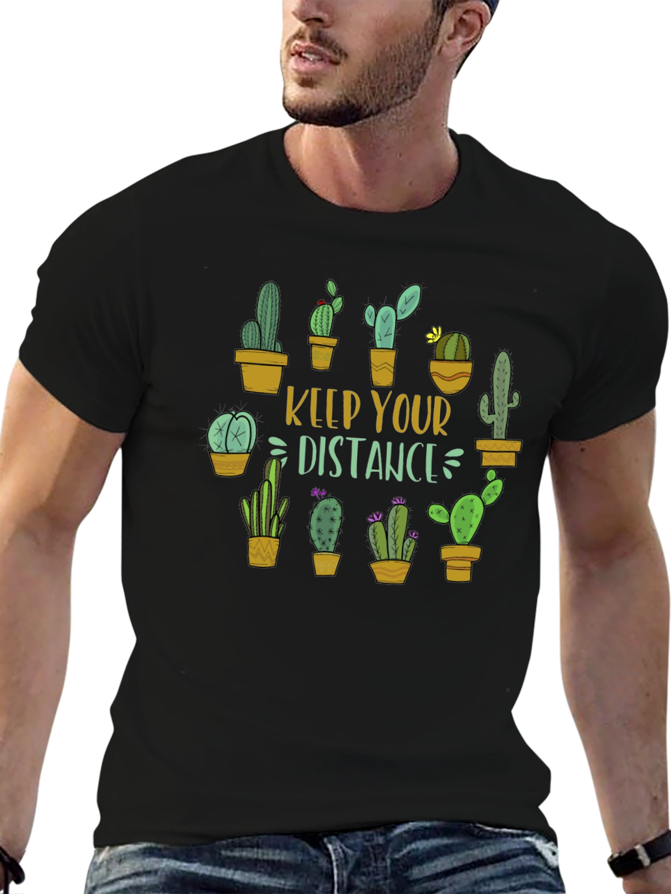 Black Keep Your Distance Cactus Graphic Tee view 6