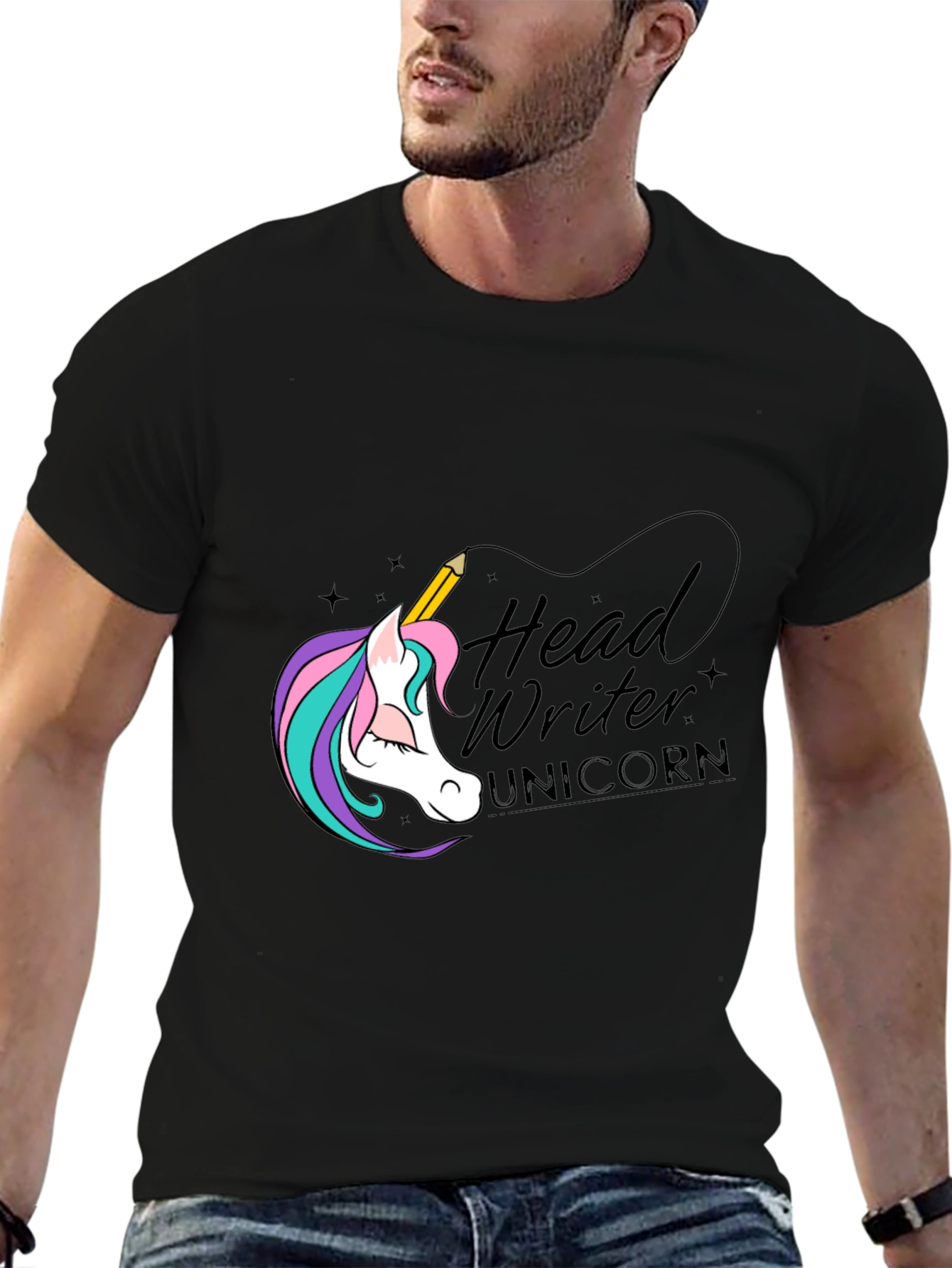 Black Head Writer Unicorn Graphic Tee - Black view 6