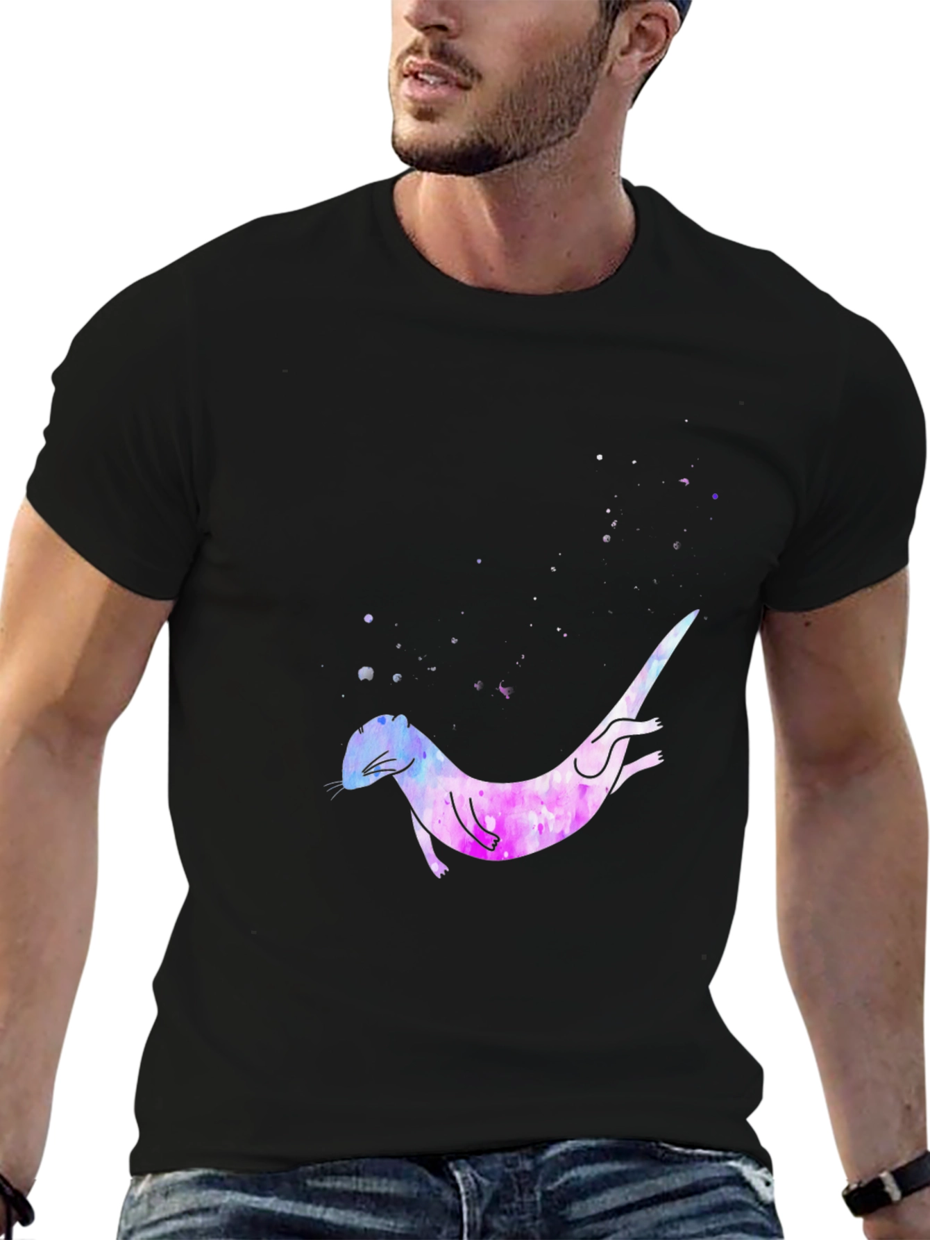 Black Otter Galaxy T-Shirt - Unique Watercolor Design view 6