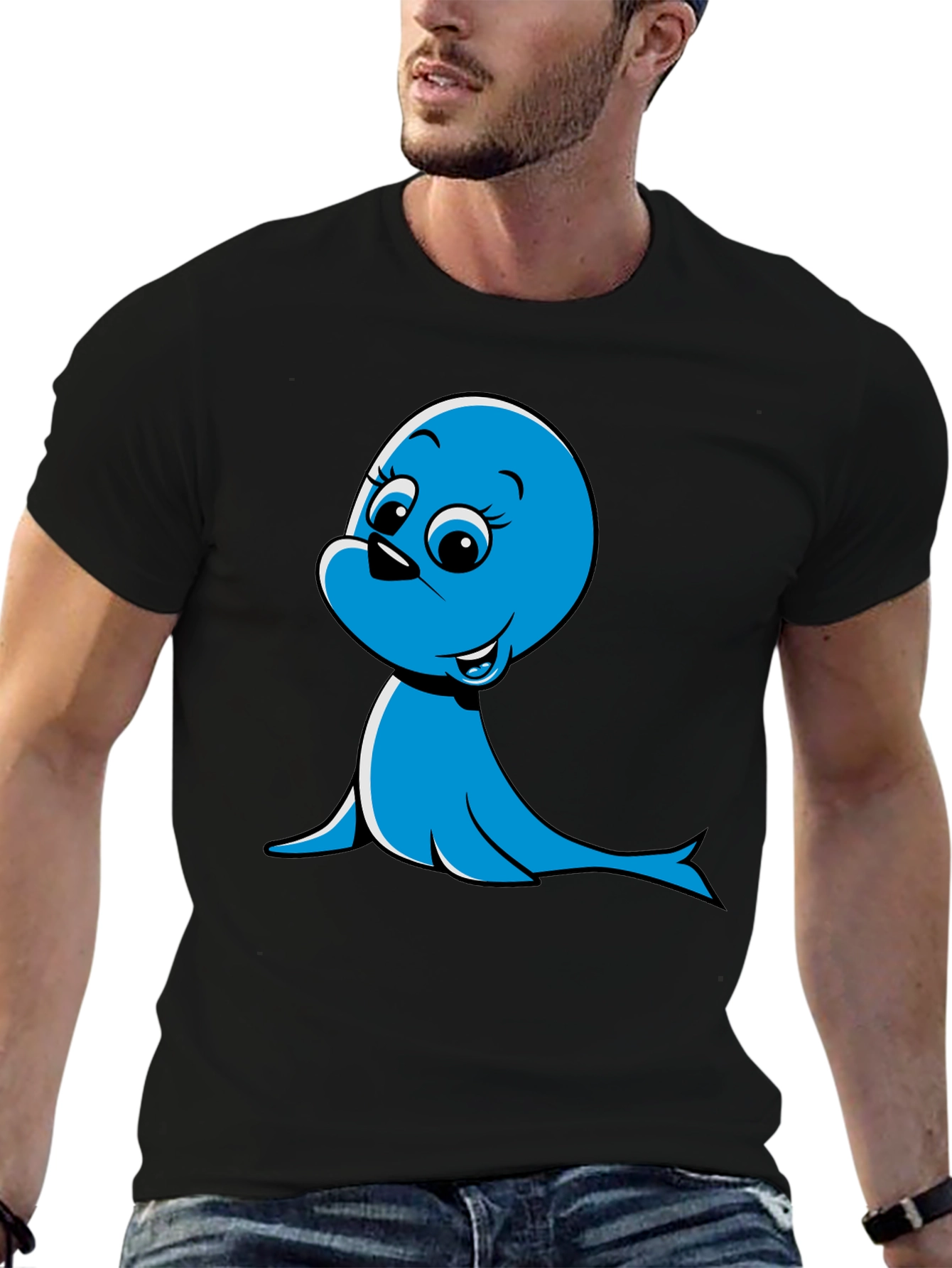 Black Blue Cartoon Seal Graphic T-Shirt view 6